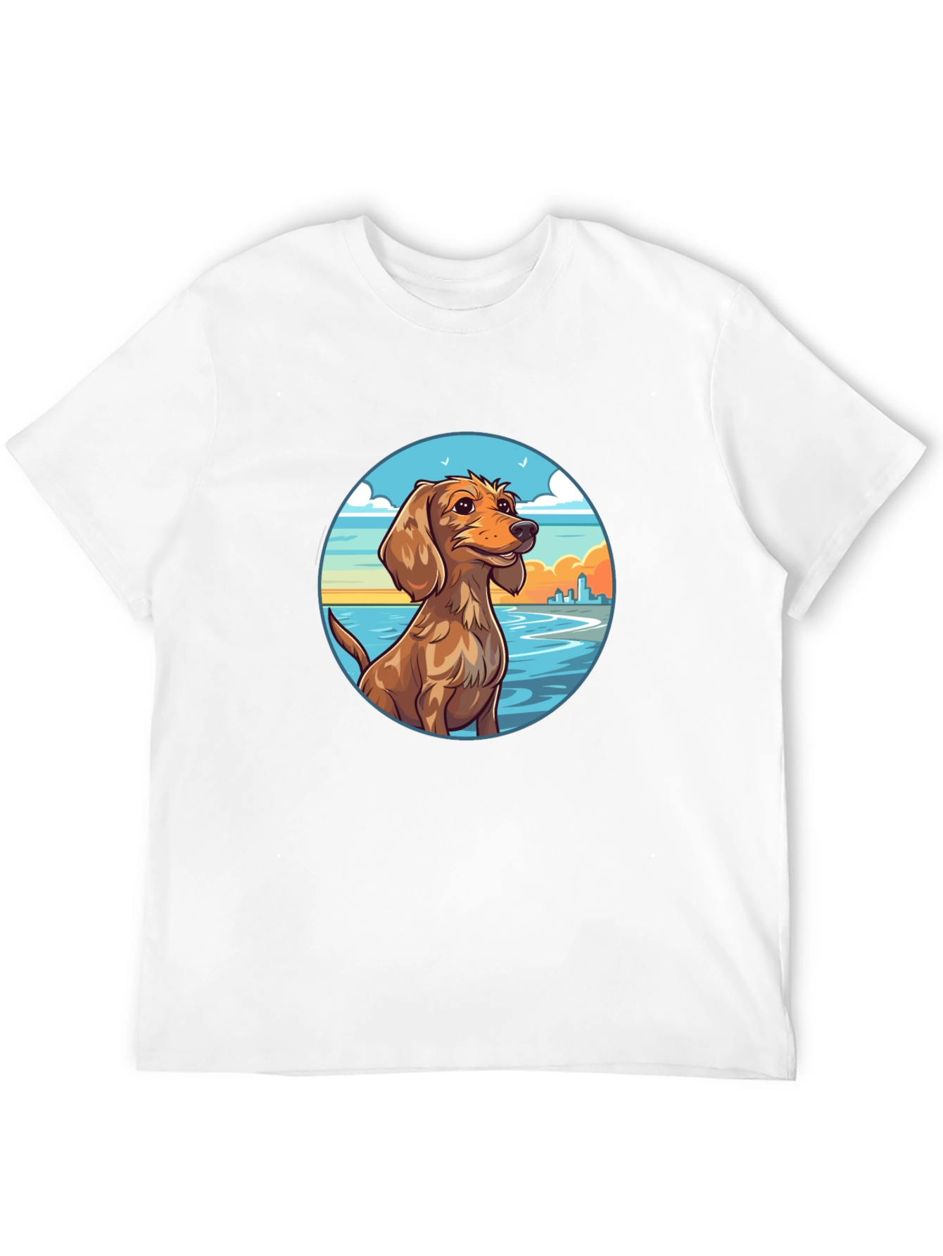 Dog Beach Scene Graphic Tee - Black Cotton T-Shirt