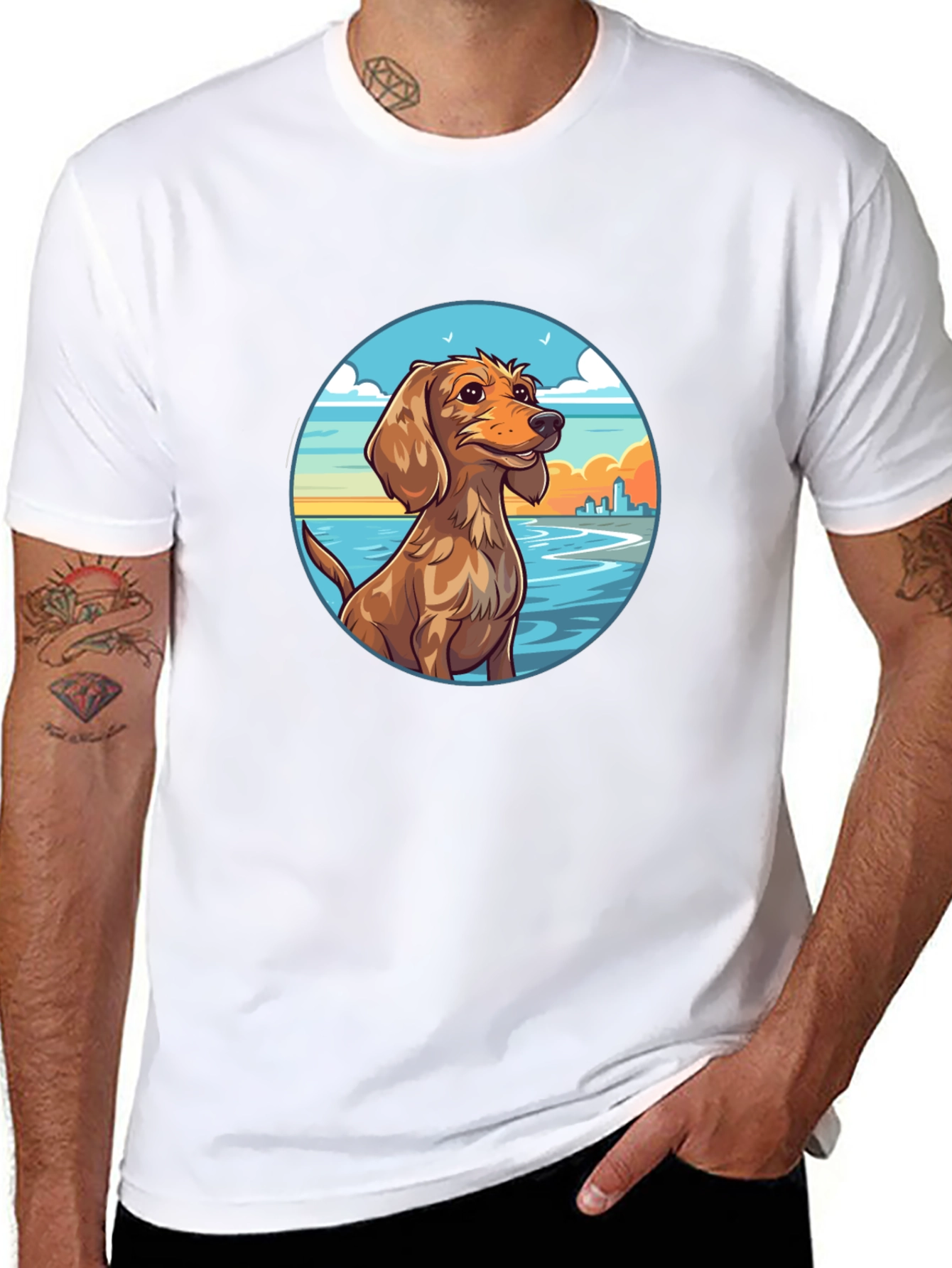 Dog Beach Scene Graphic Tee - Black Cotton T-Shirt