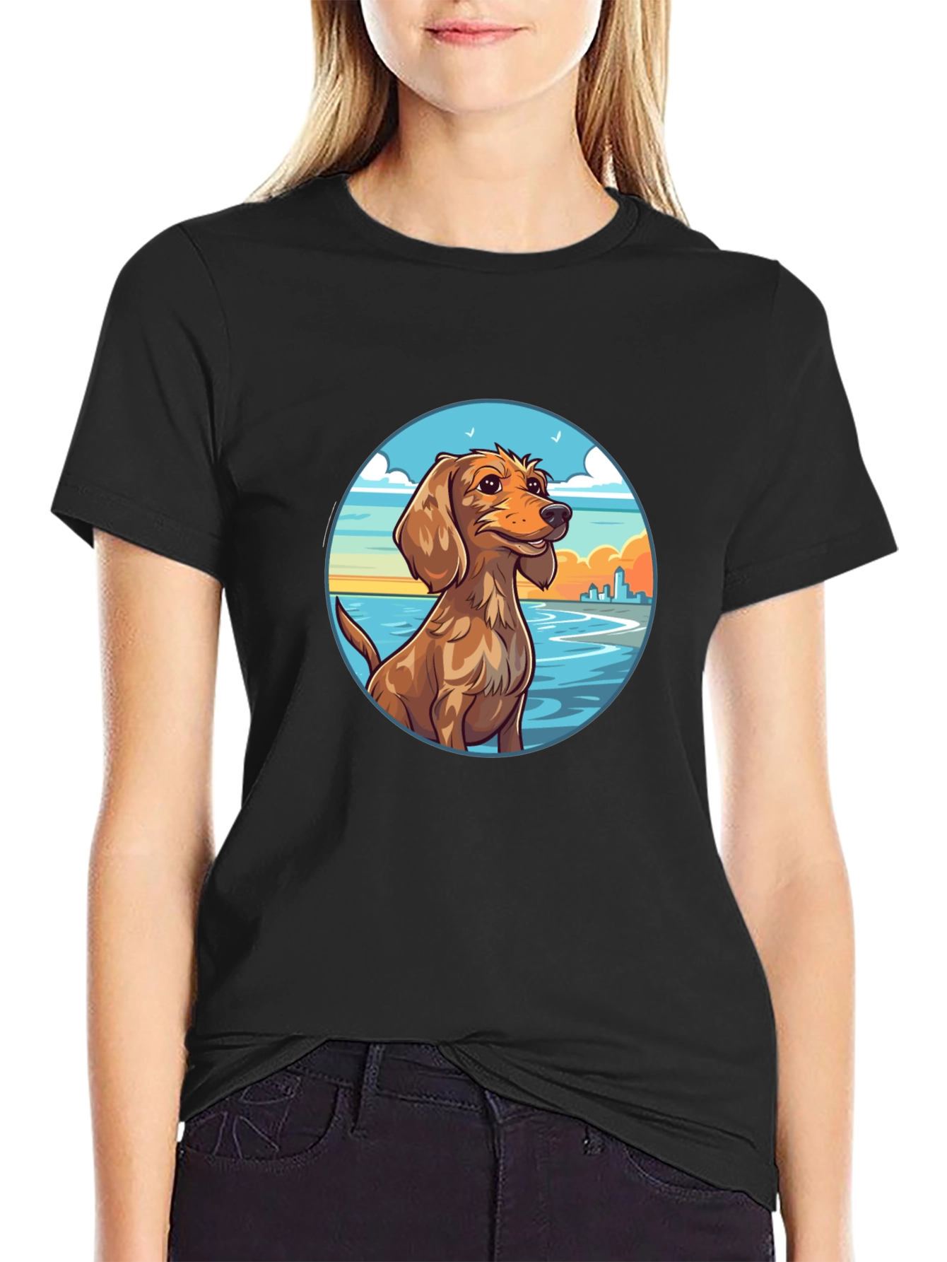 Dog Beach Scene Graphic Tee - Black Cotton T-Shirt