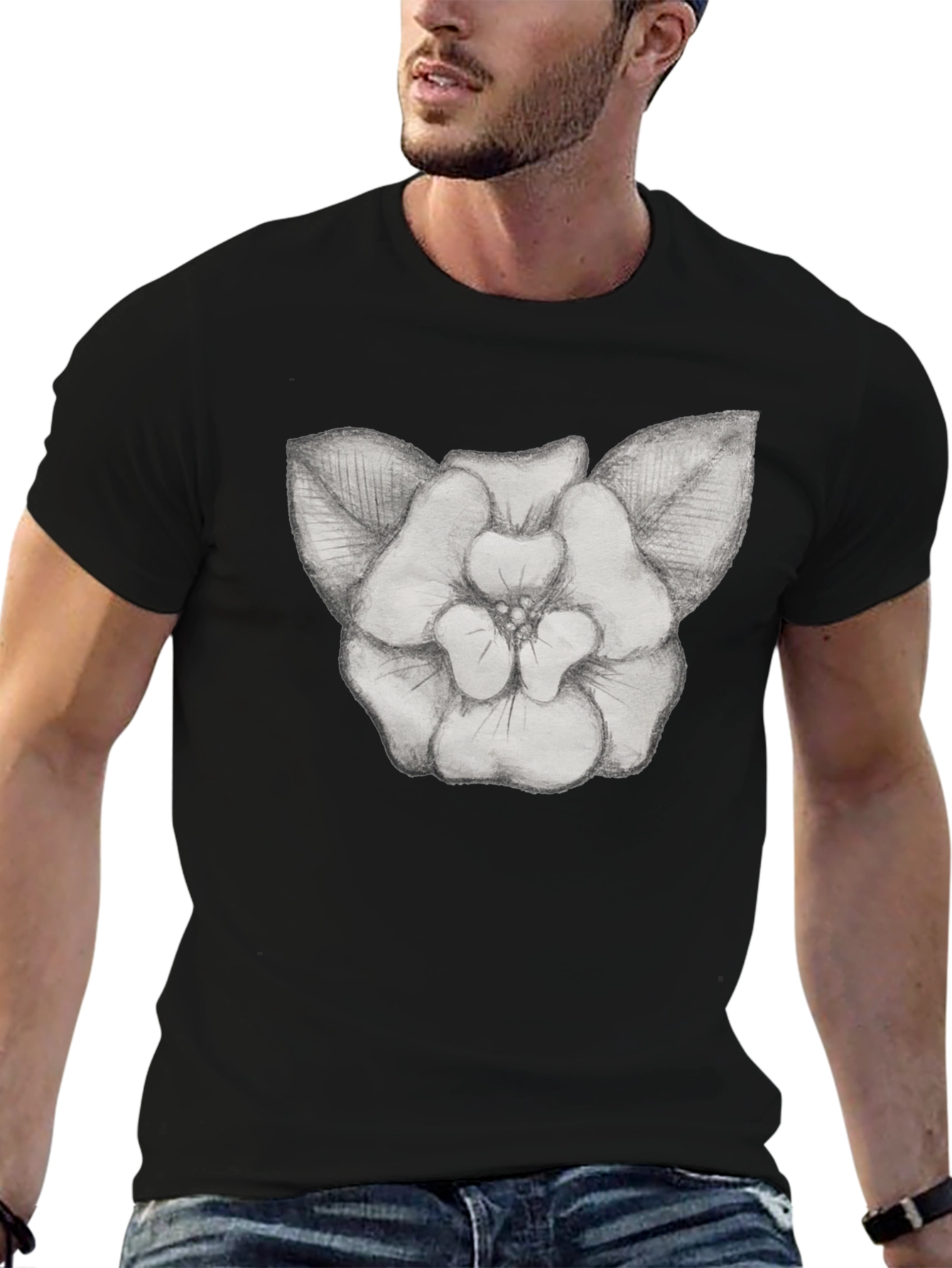Floral Sketch Graphic Tee - Black Cotton T-Shirt