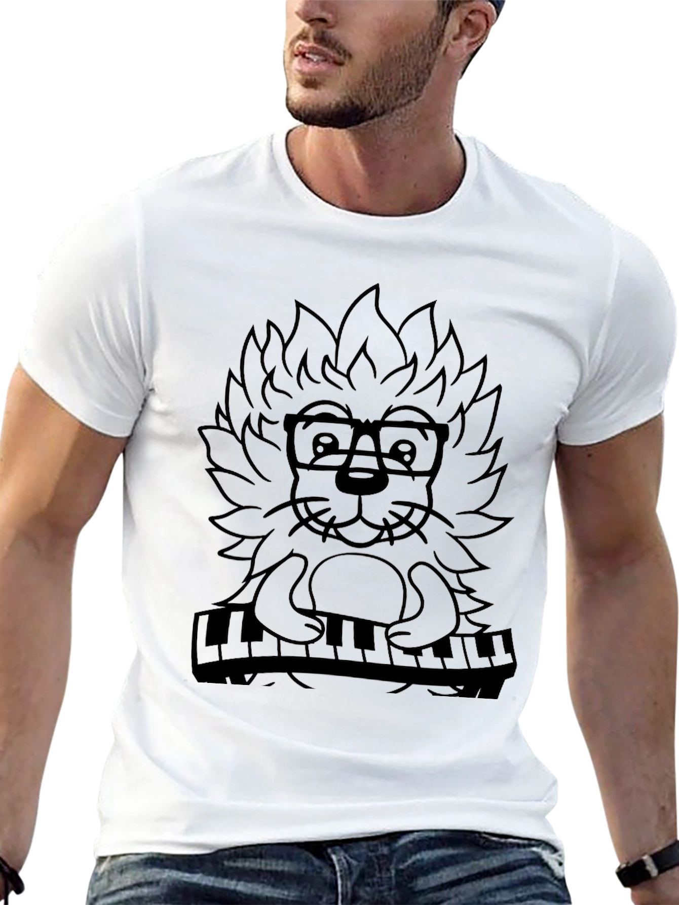 Hipster Lion Piano Player Graphic Tee - Black