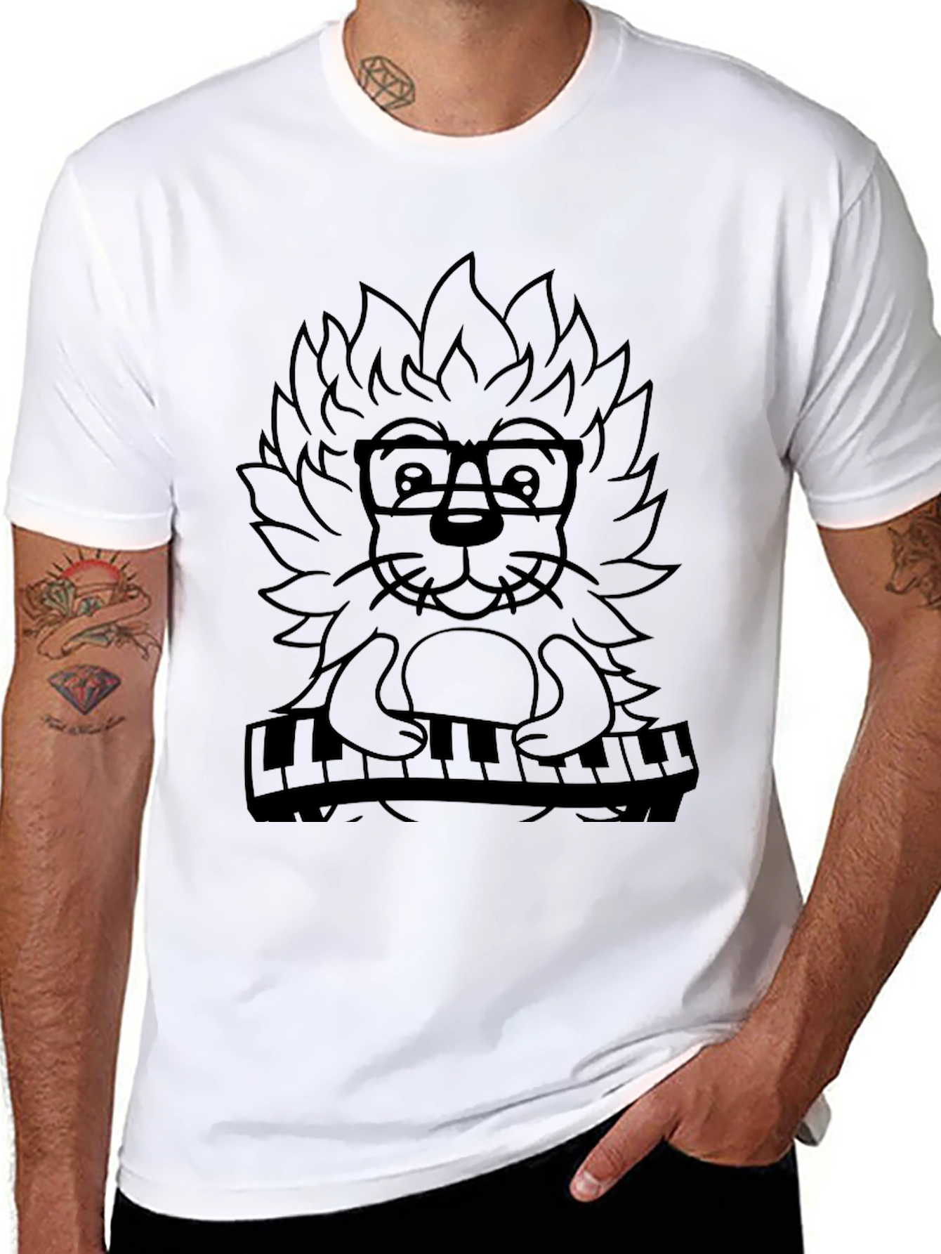 Hipster Lion Piano Player Graphic Tee - Black
