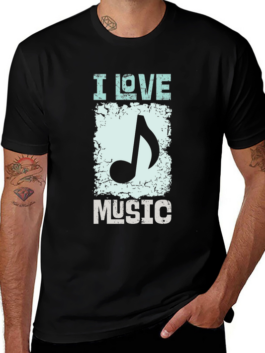 I Love Music Graphic Print Black T-Shirt