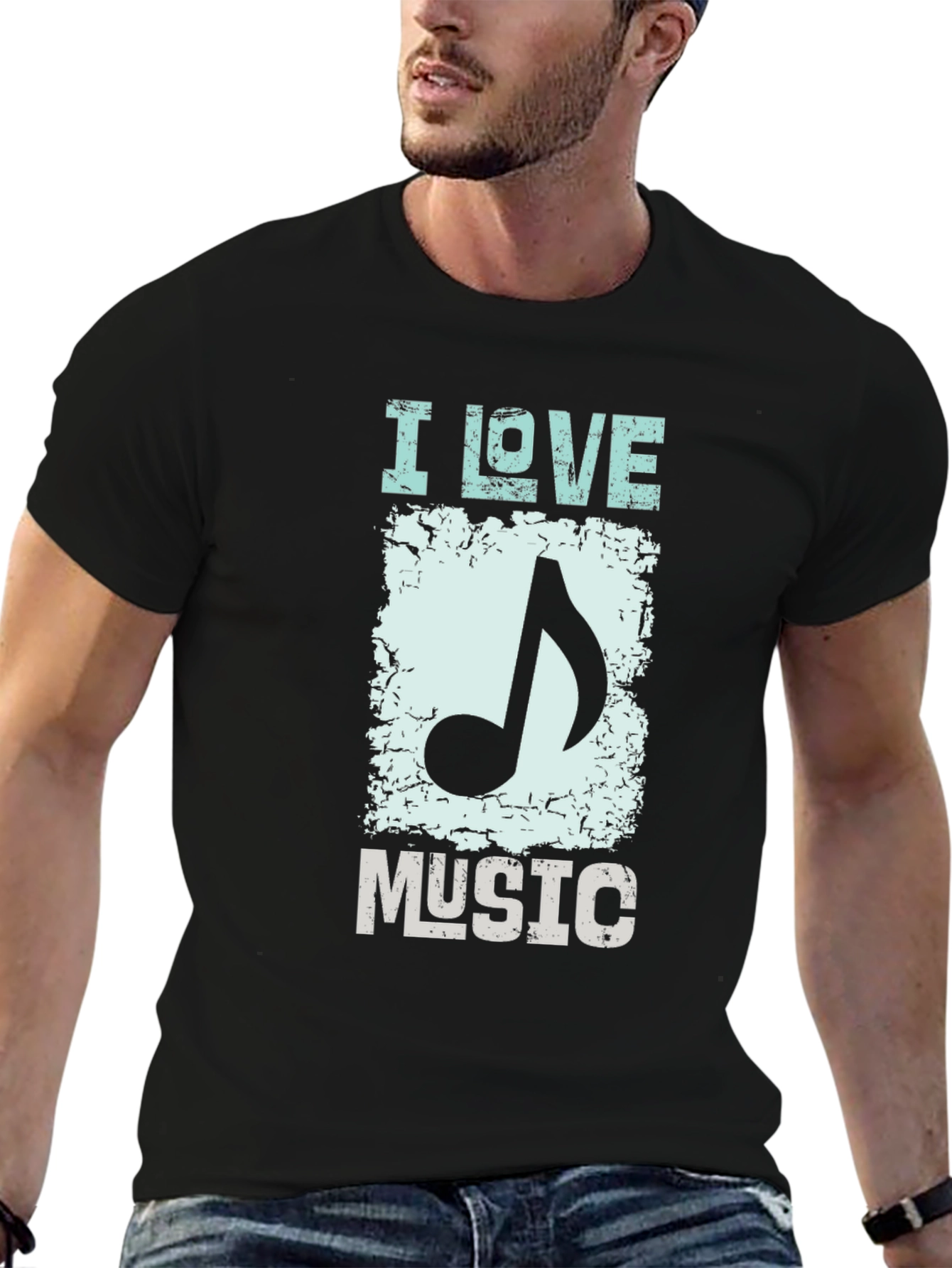 I Love Music Graphic Print Black T-Shirt