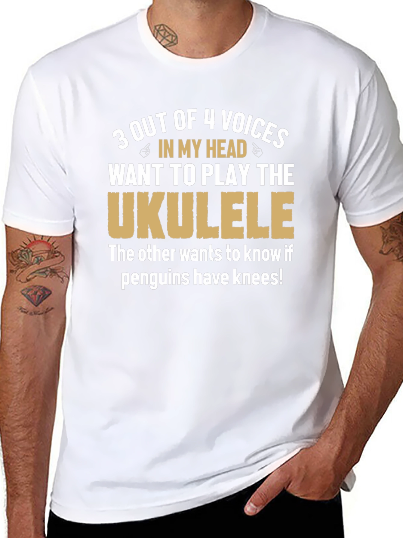 Ukulele Humor T-Shirt: Penguins Have Knees?