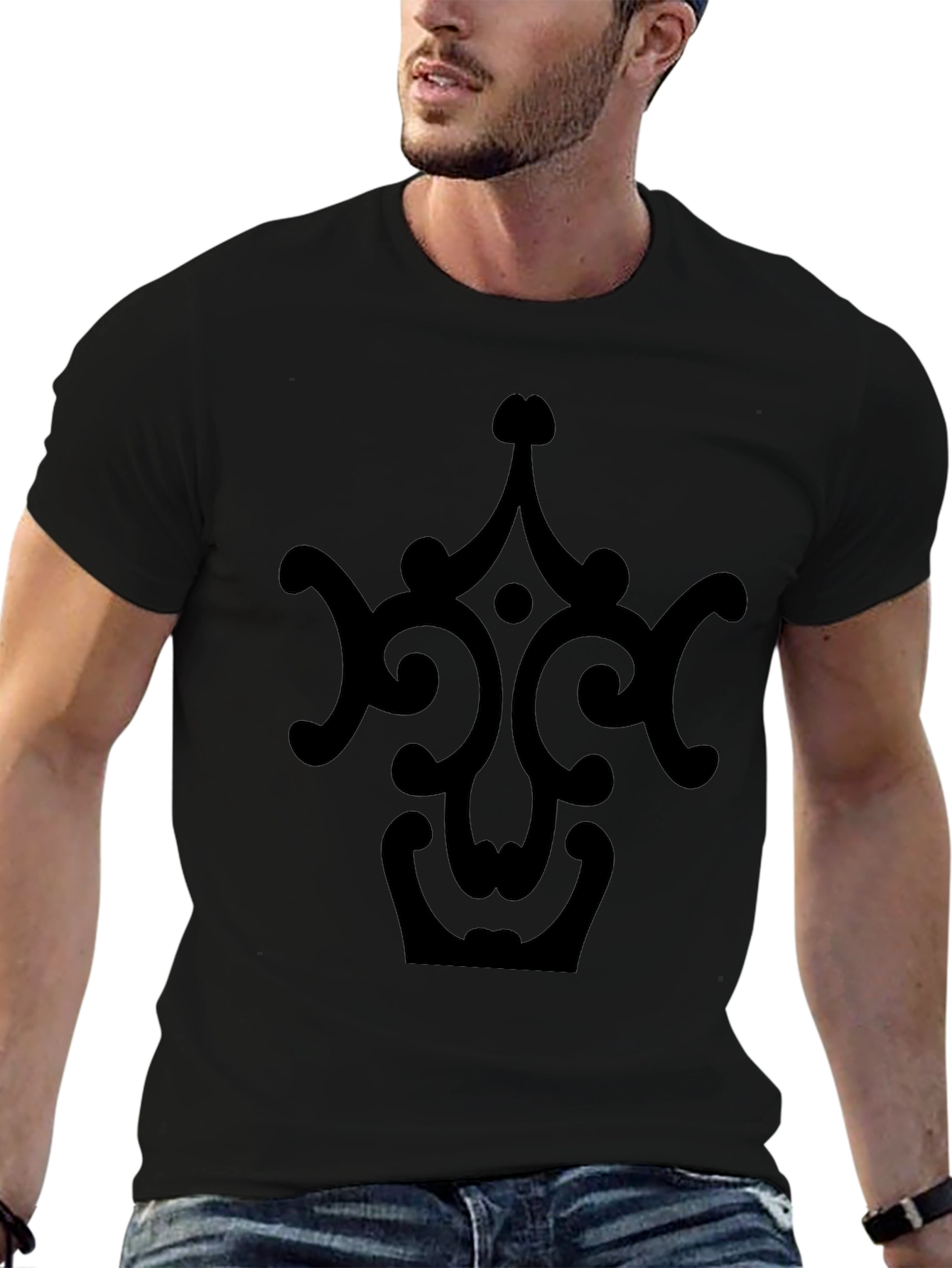 Black Tee with Ornate Crown Design