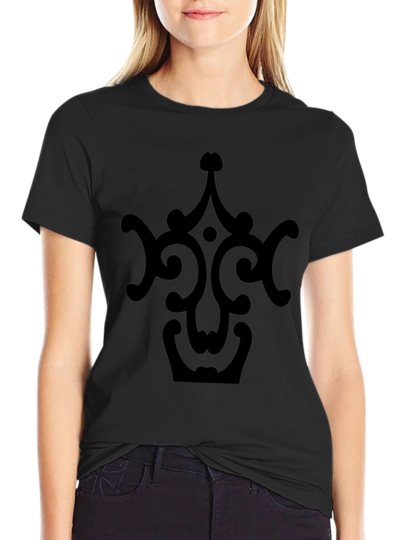 Black Tee with Ornate Crown Design