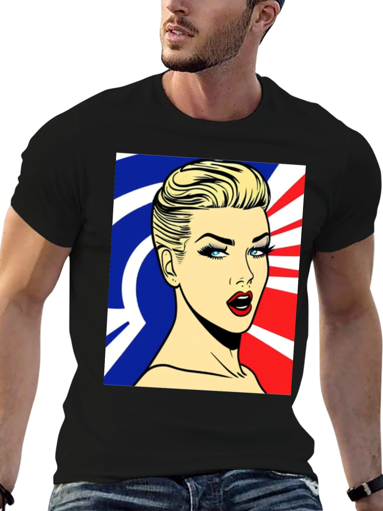 Pop Art Woman Graphic Print Black T-Shirt
