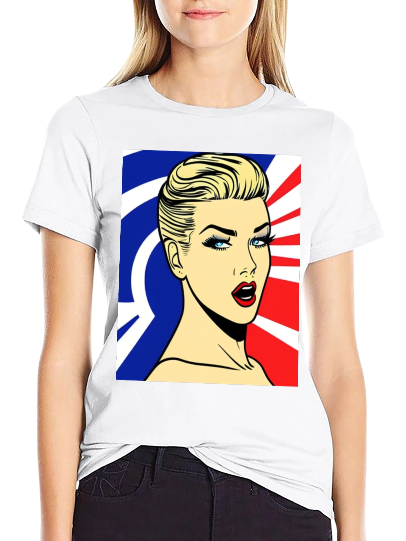 Pop Art Woman Graphic Print Black T-Shirt