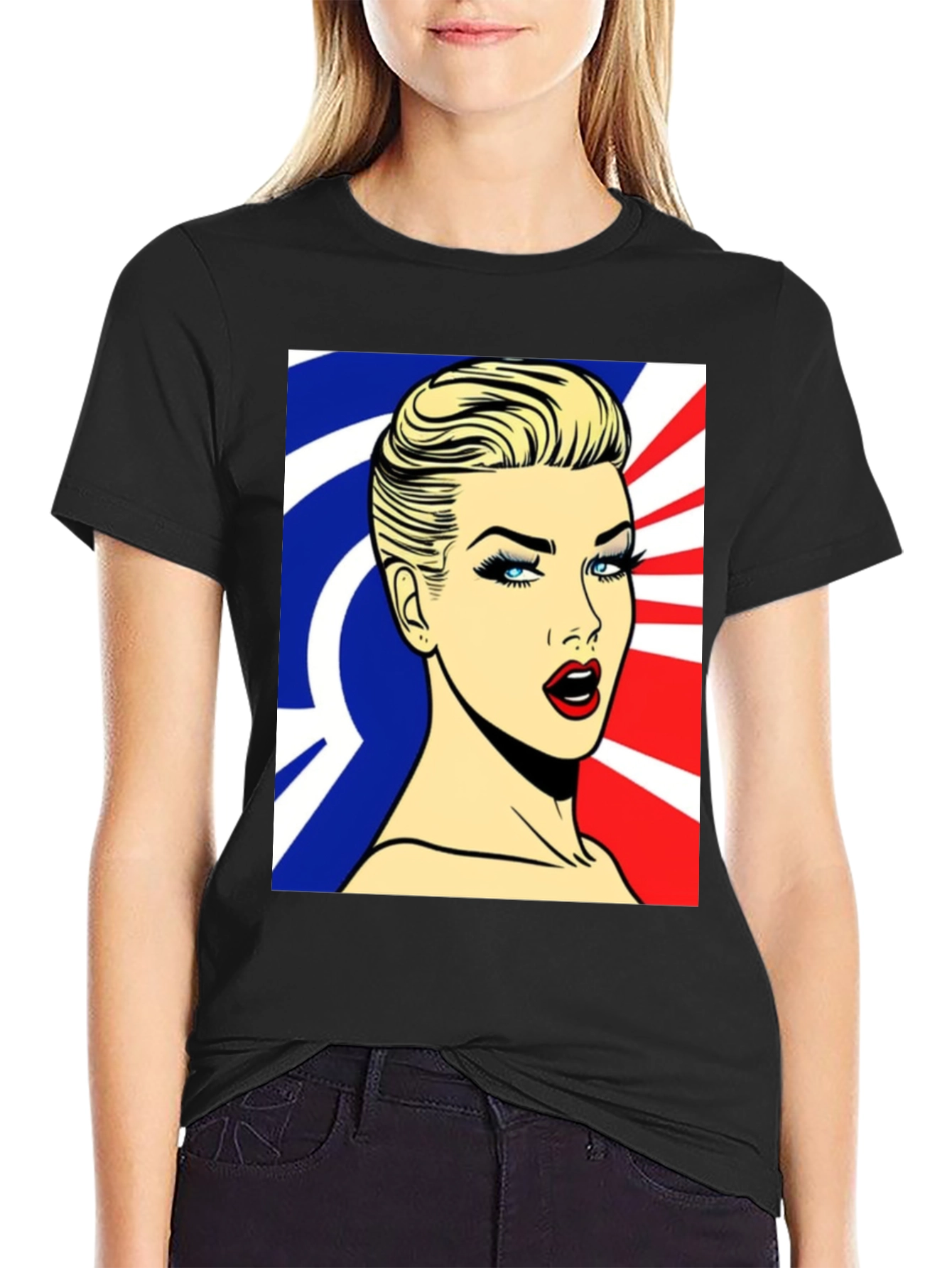 Pop Art Woman Graphic Print Black T-Shirt