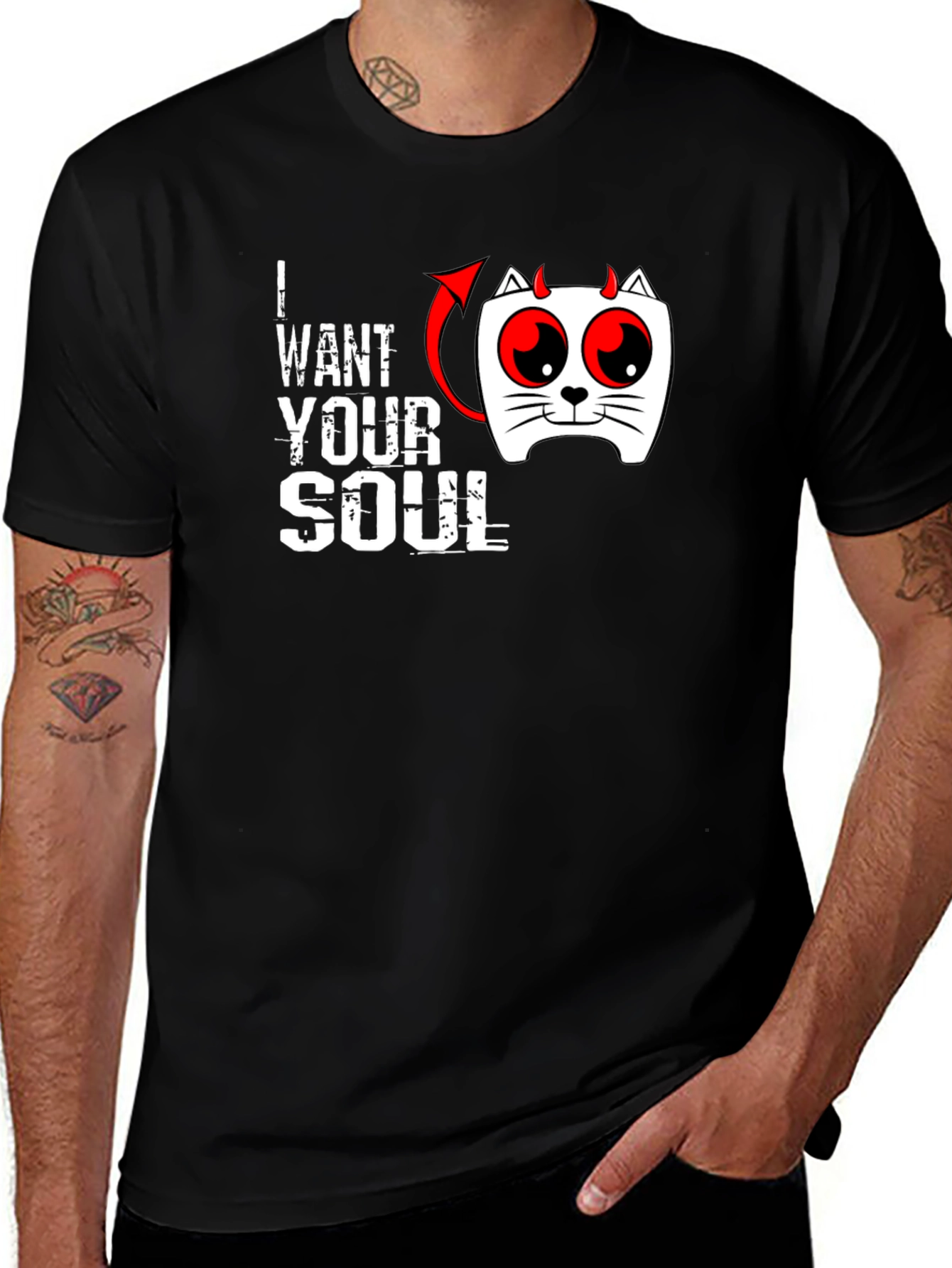 I Want Your Soul Cat Devil Graphic Black T-Shirt