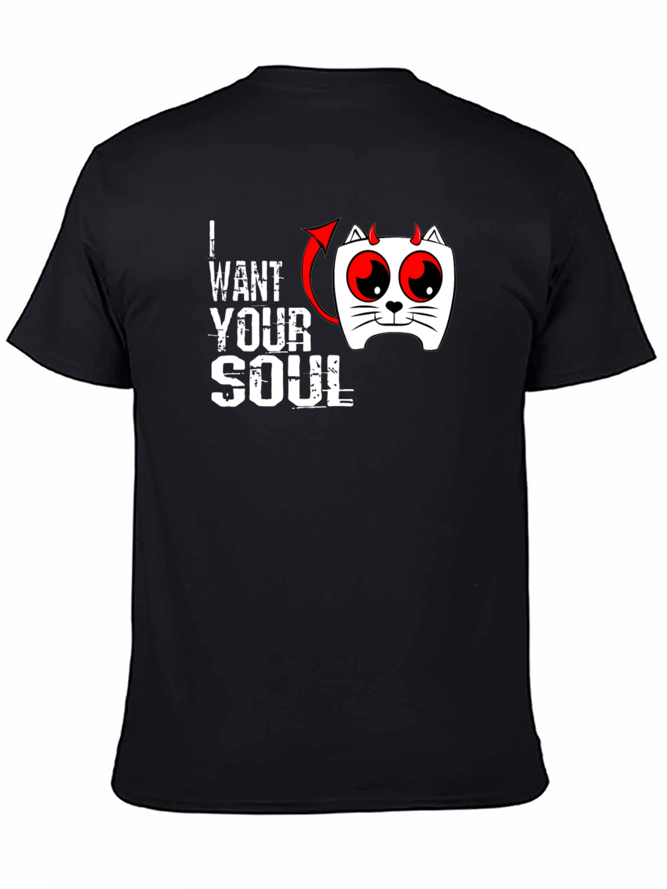 I Want Your Soul Cat Devil Graphic Black T-Shirt