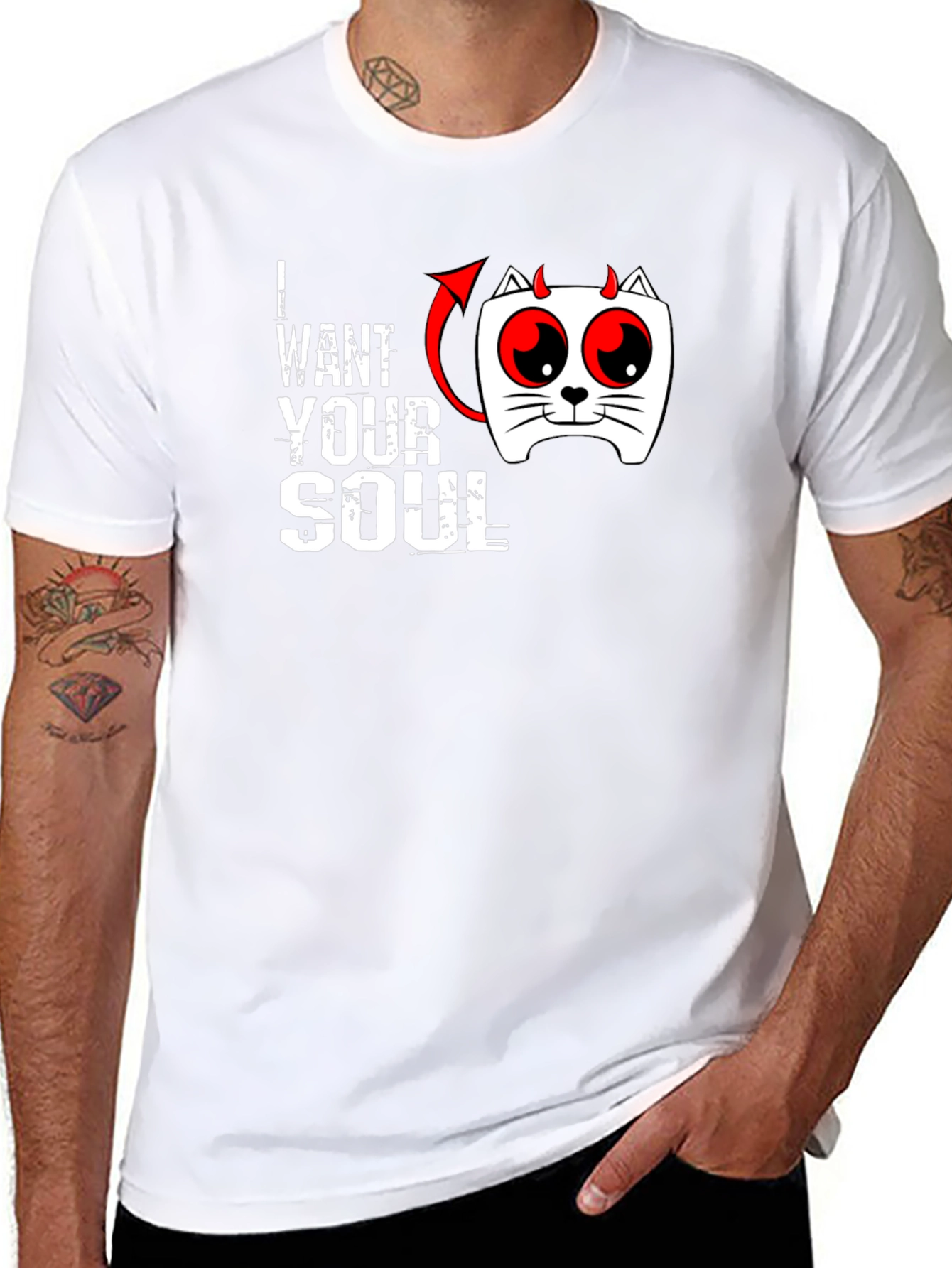 I Want Your Soul Cat Devil Graphic Black T-Shirt