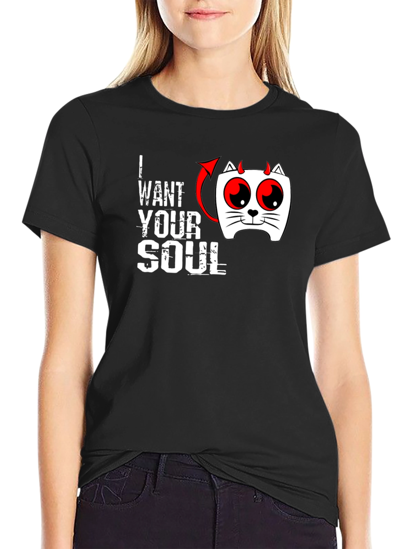I Want Your Soul Cat Devil Graphic Black T-Shirt