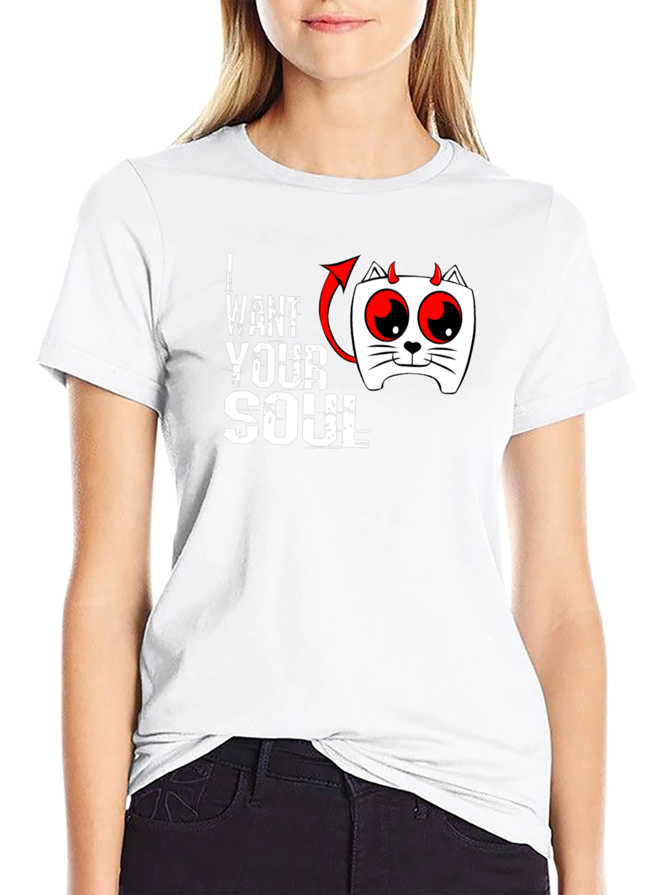 I Want Your Soul Cat Devil Graphic Black T-Shirt