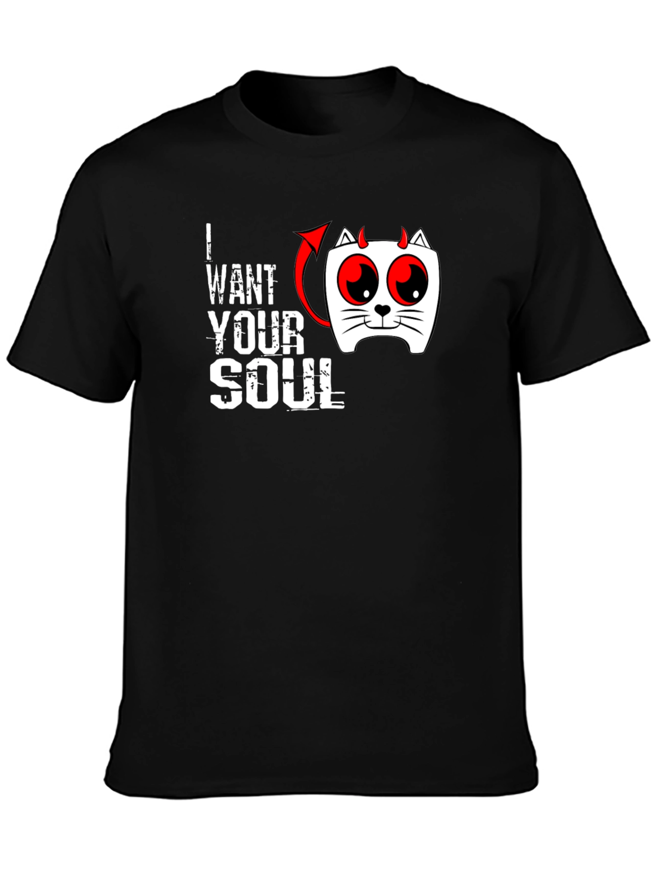 I Want Your Soul Cat Devil Graphic Black T-Shirt