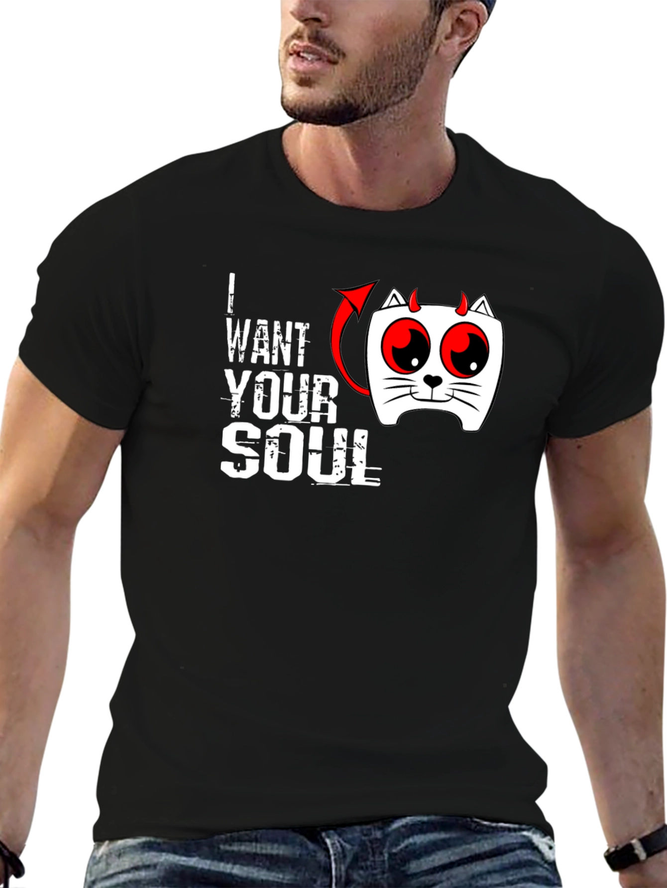 I Want Your Soul Cat Devil Graphic Black T-Shirt