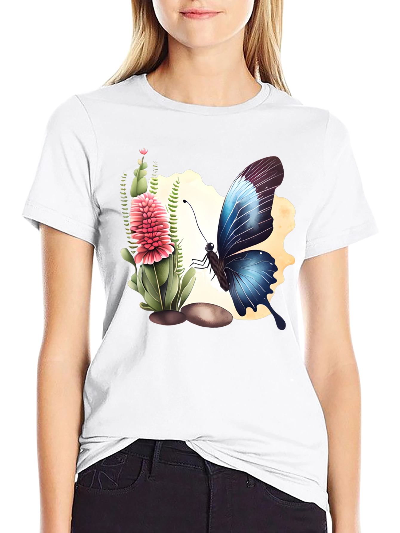 Butterfly & Flower Graphic Black T-Shirt