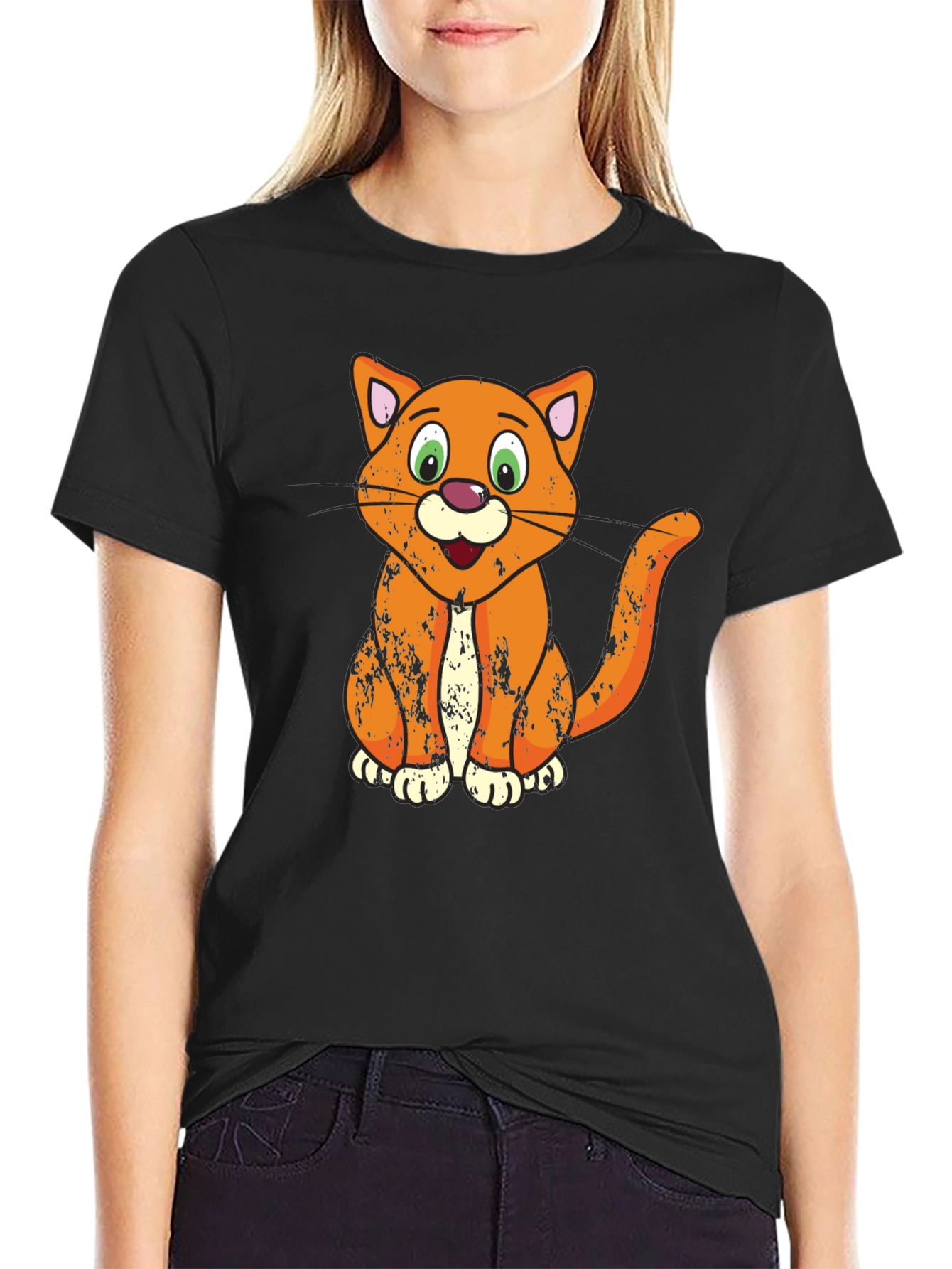 Cartoon Cat Graphic T-Shirt - Black