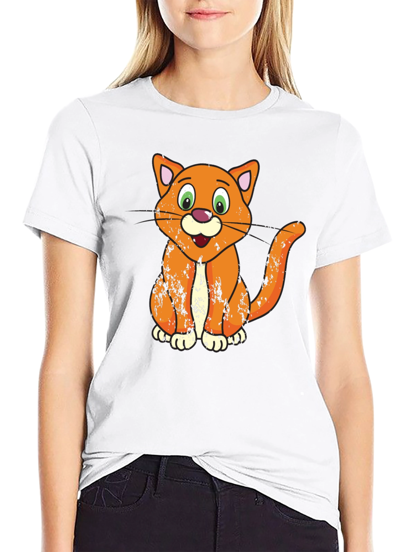 Cartoon Cat Graphic T-Shirt - Black