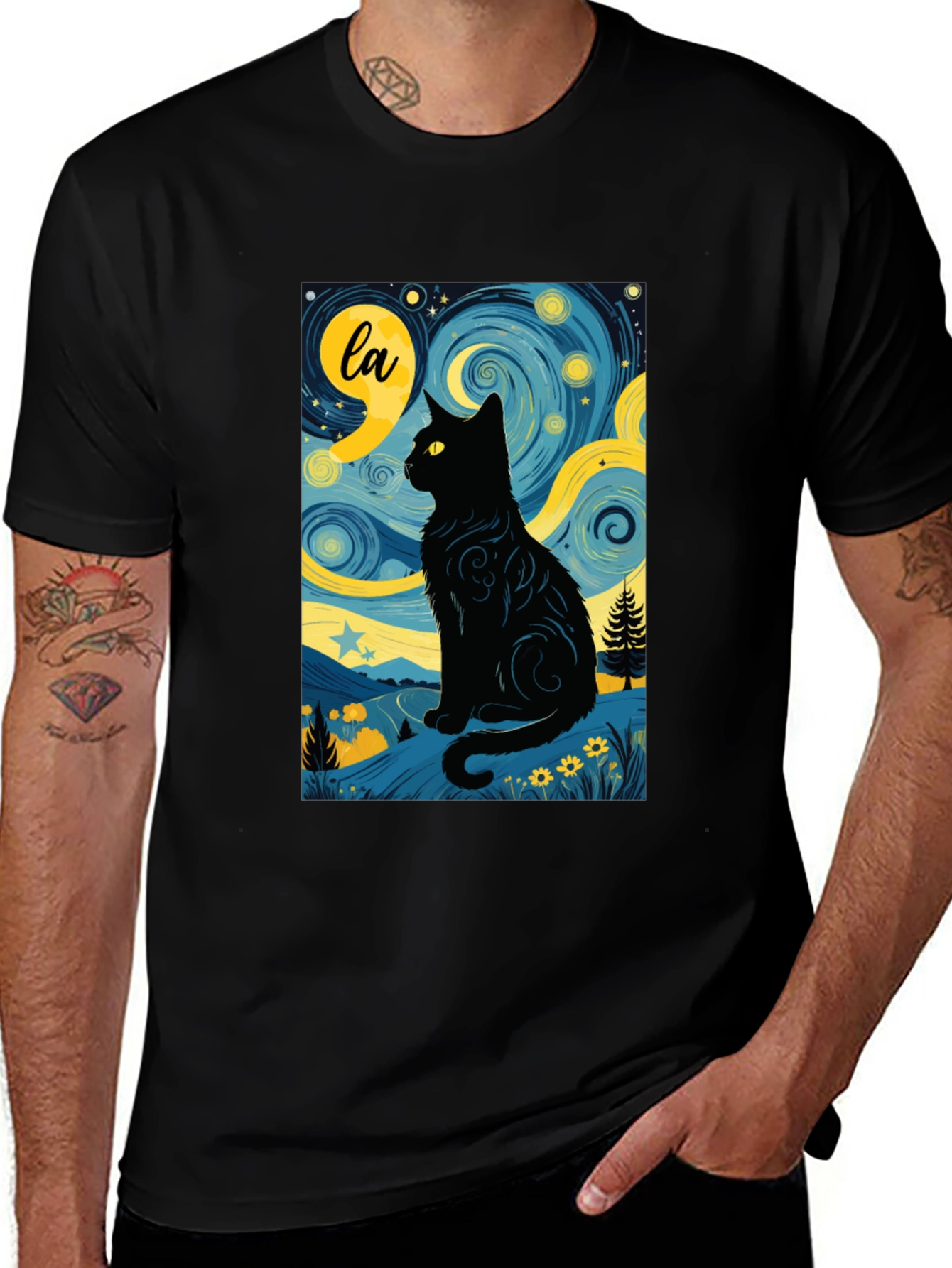 Starry Night Cat T-Shirt - Artistic Black Cat Design