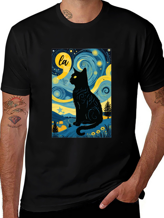 Starry Night Cat T-Shirt - Artistic Black Cat Design