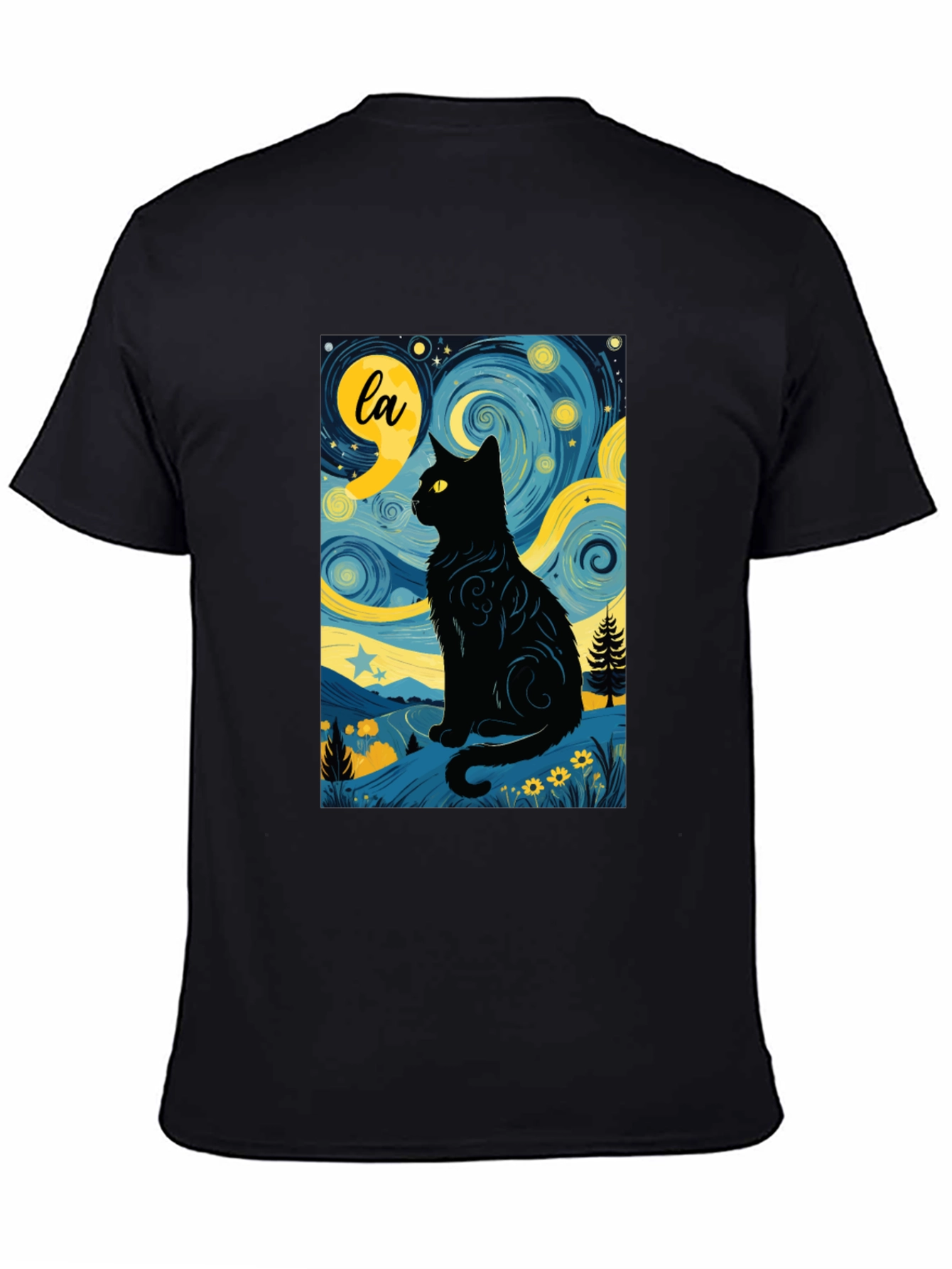 Starry Night Cat T-Shirt - Artistic Black Cat Design