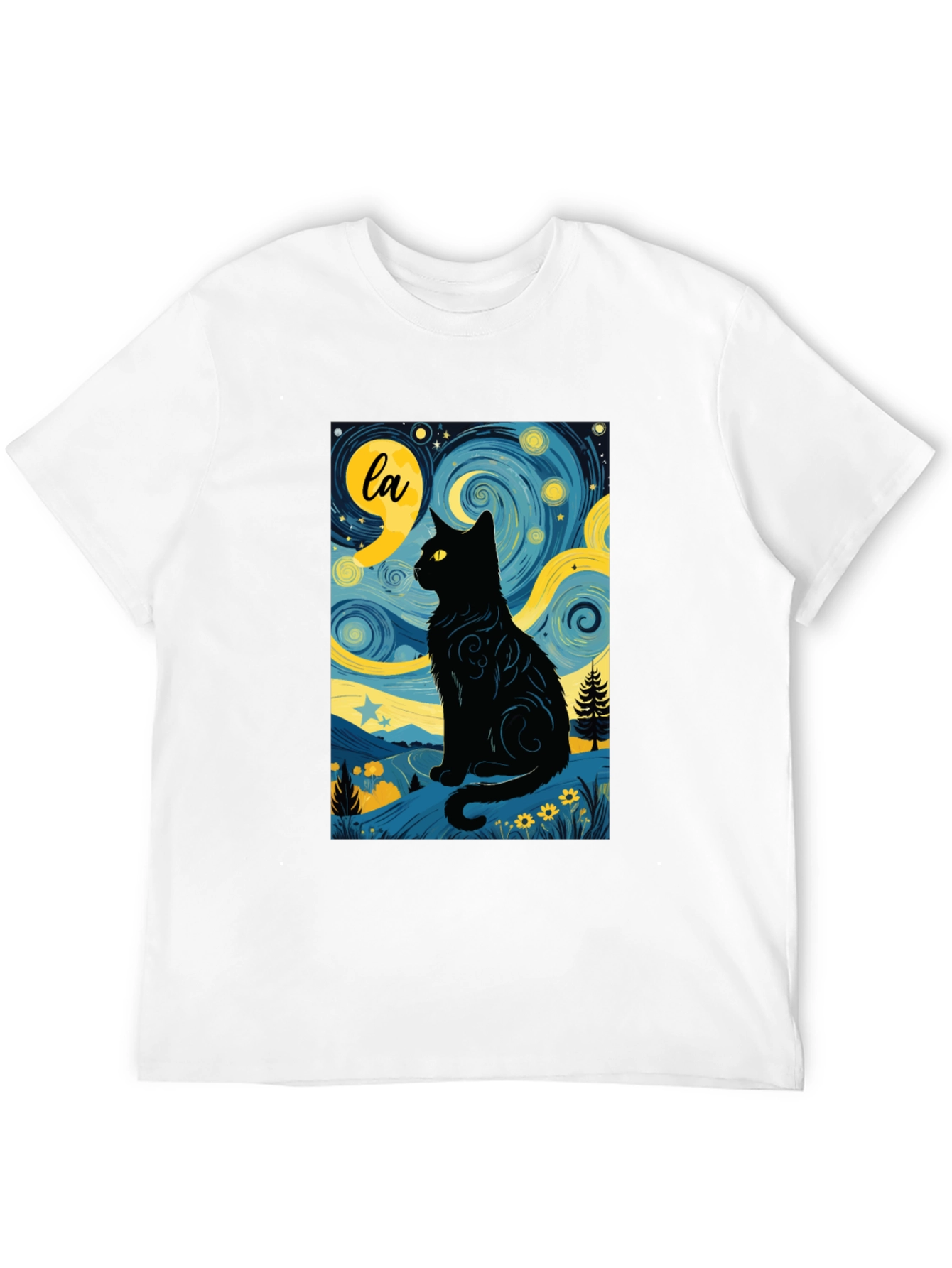 Starry Night Cat T-Shirt - Artistic Black Cat Design