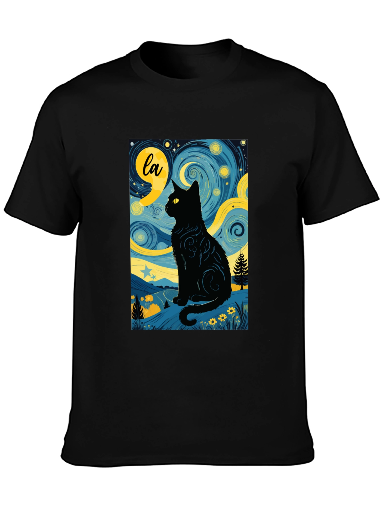 Starry Night Cat T-Shirt - Artistic Black Cat Design