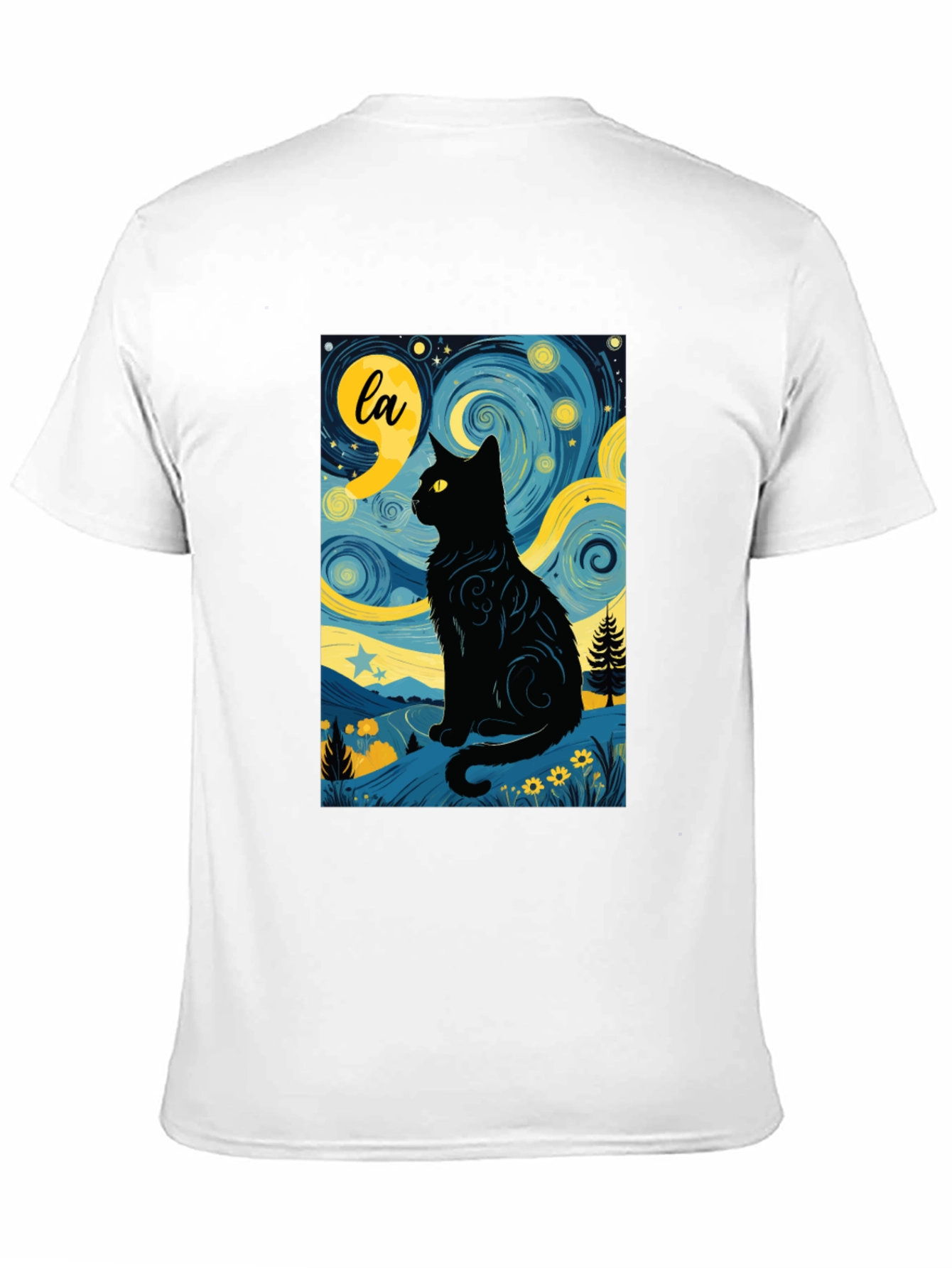 Starry Night Cat T-Shirt - Artistic Black Cat Design