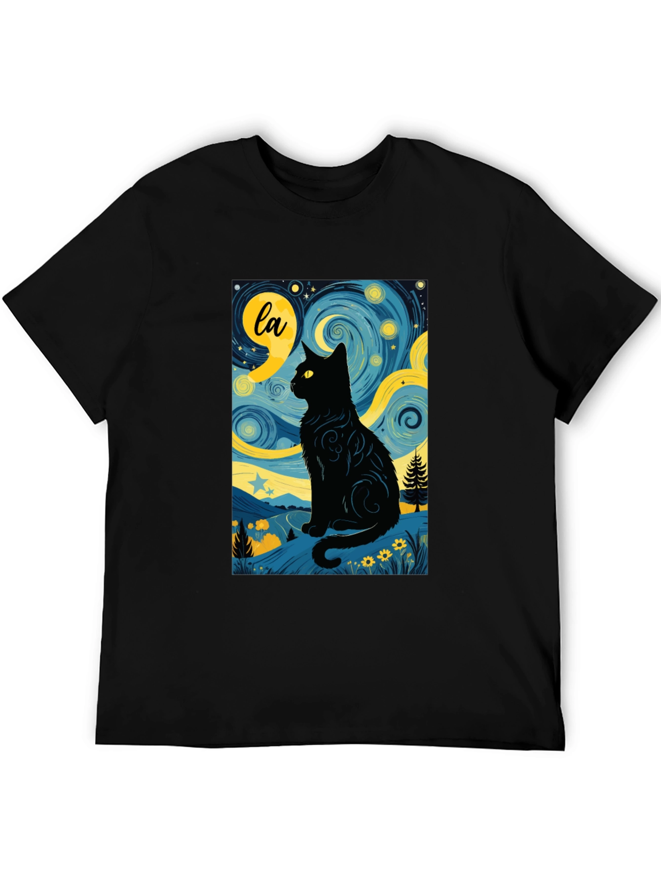 Starry Night Cat T-Shirt - Artistic Black Cat Design