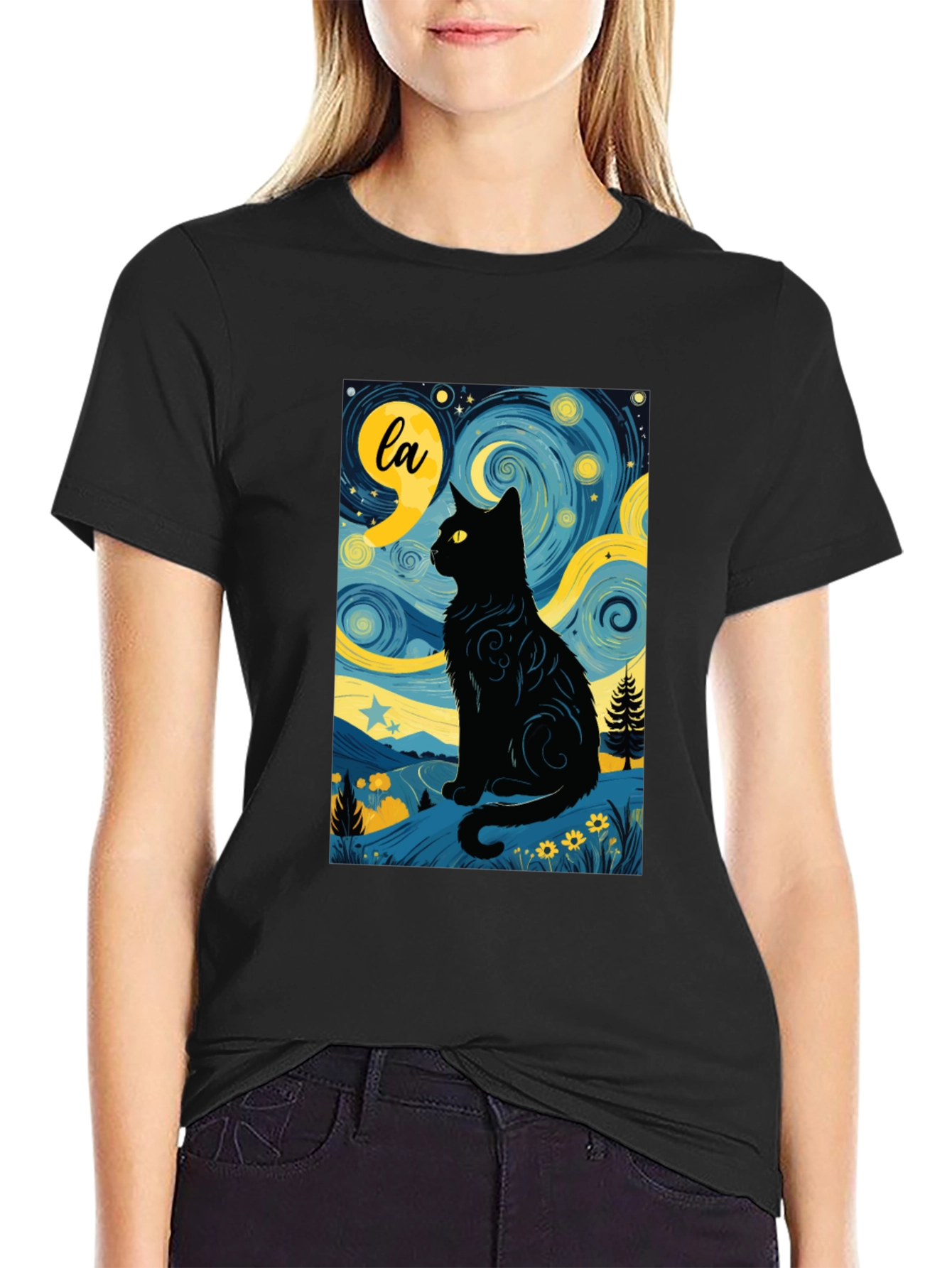 Starry Night Cat T-Shirt - Artistic Black Cat Design