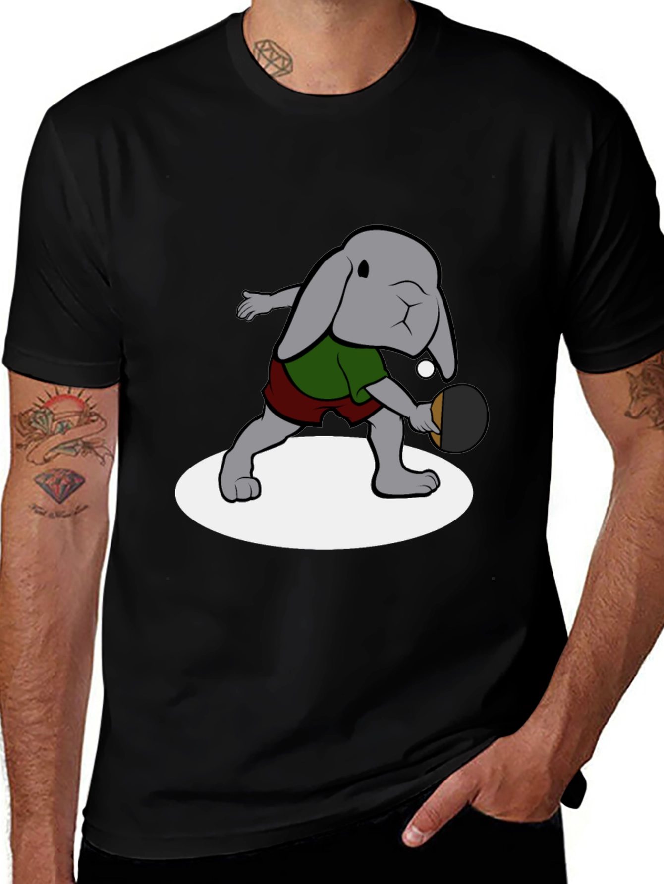 Bunny Ping Pong Player Black T-Shirt