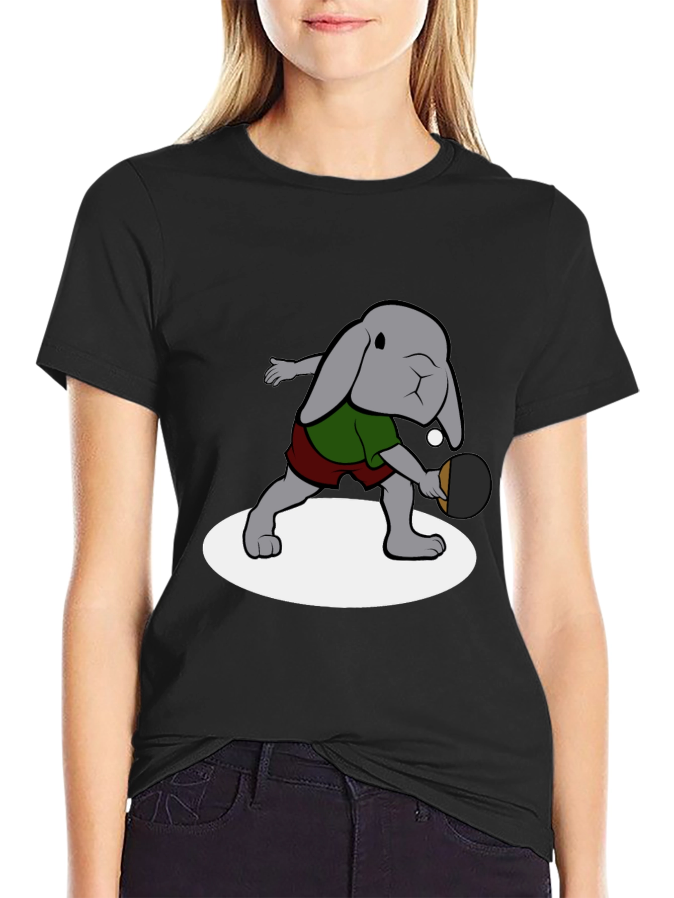 Bunny Ping Pong Player Black T-Shirt