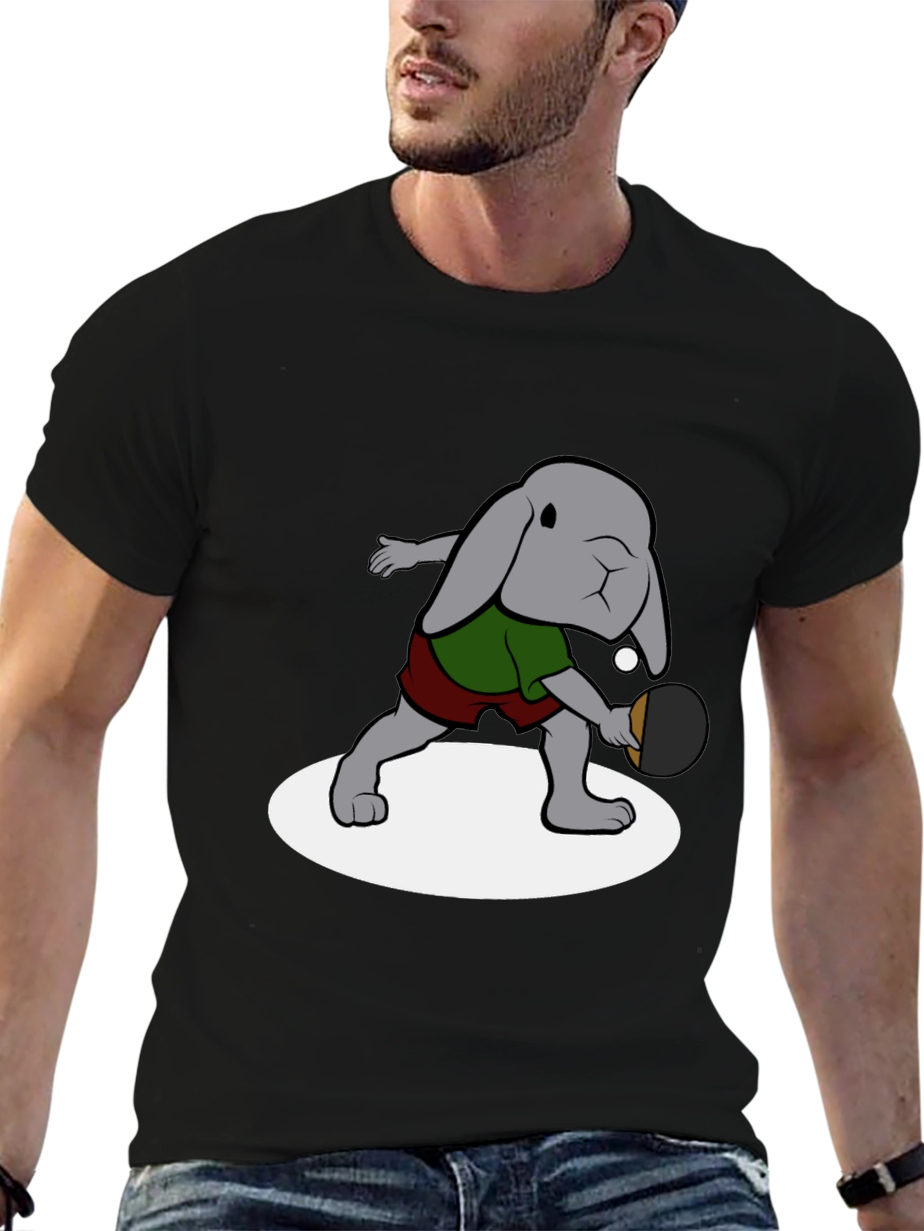 Bunny Ping Pong Player Black T-Shirt