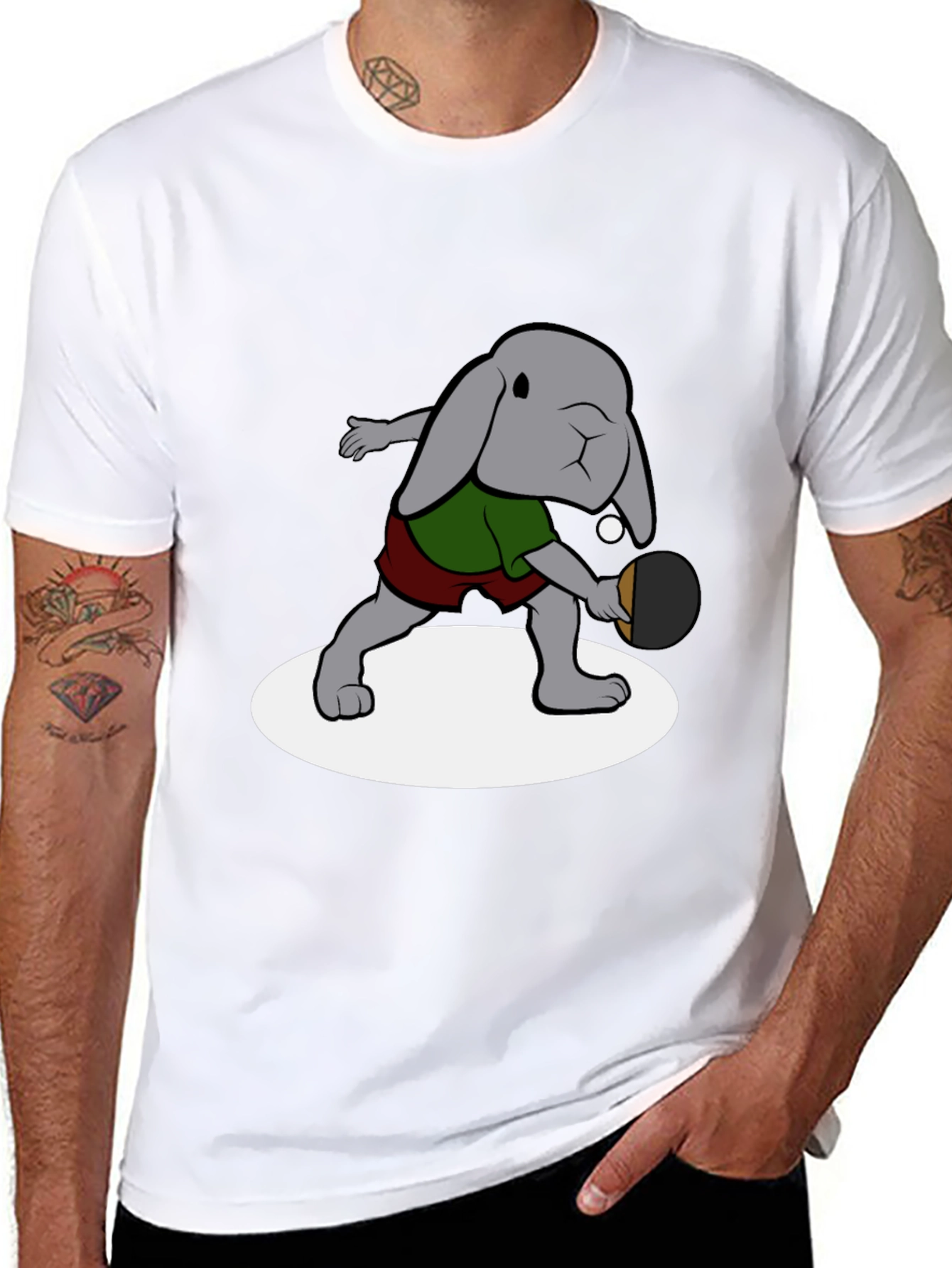 Bunny Ping Pong Player Black T-Shirt