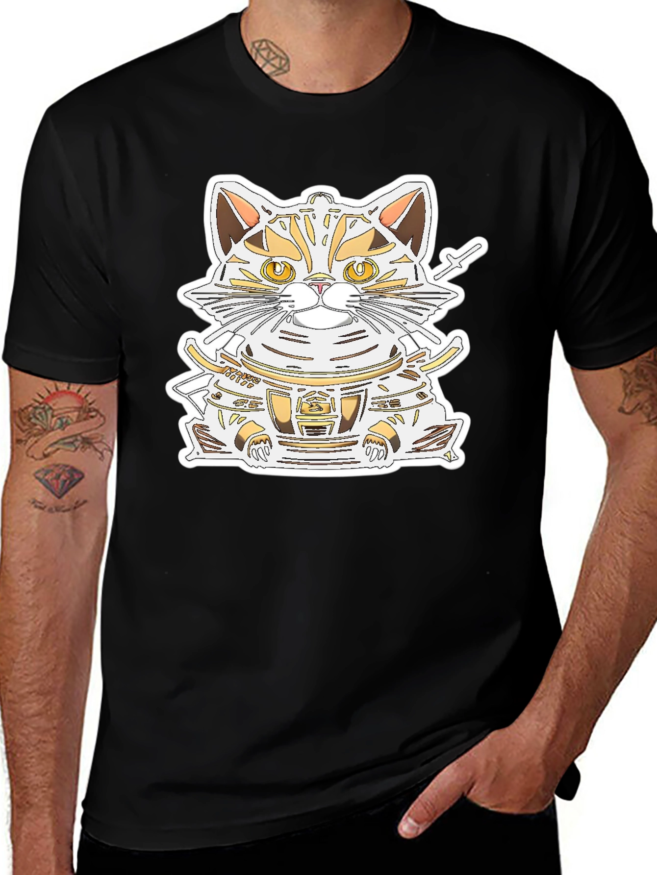 Samurai Cat Graphic Tee - Black Cotton Shirt