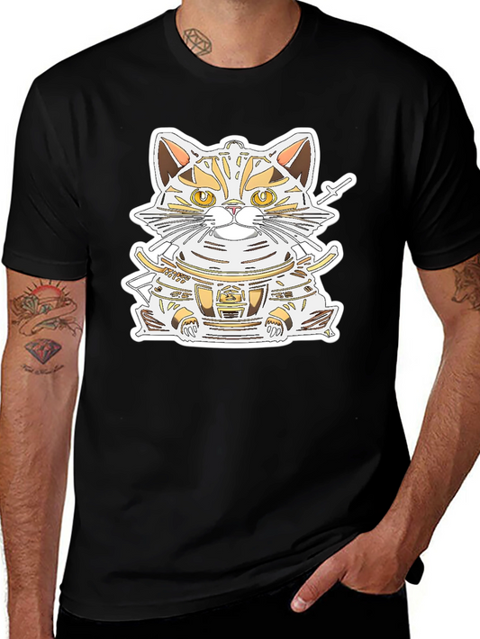 Samurai Cat Graphic Tee - Black Cotton Shirt