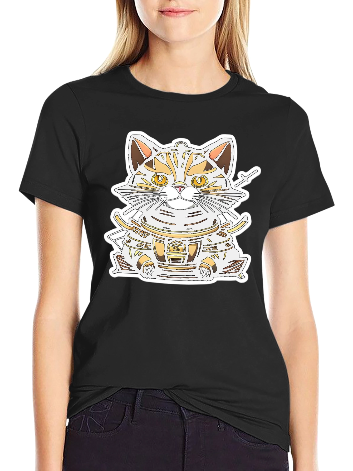 Samurai Cat Graphic Tee - Black Cotton Shirt