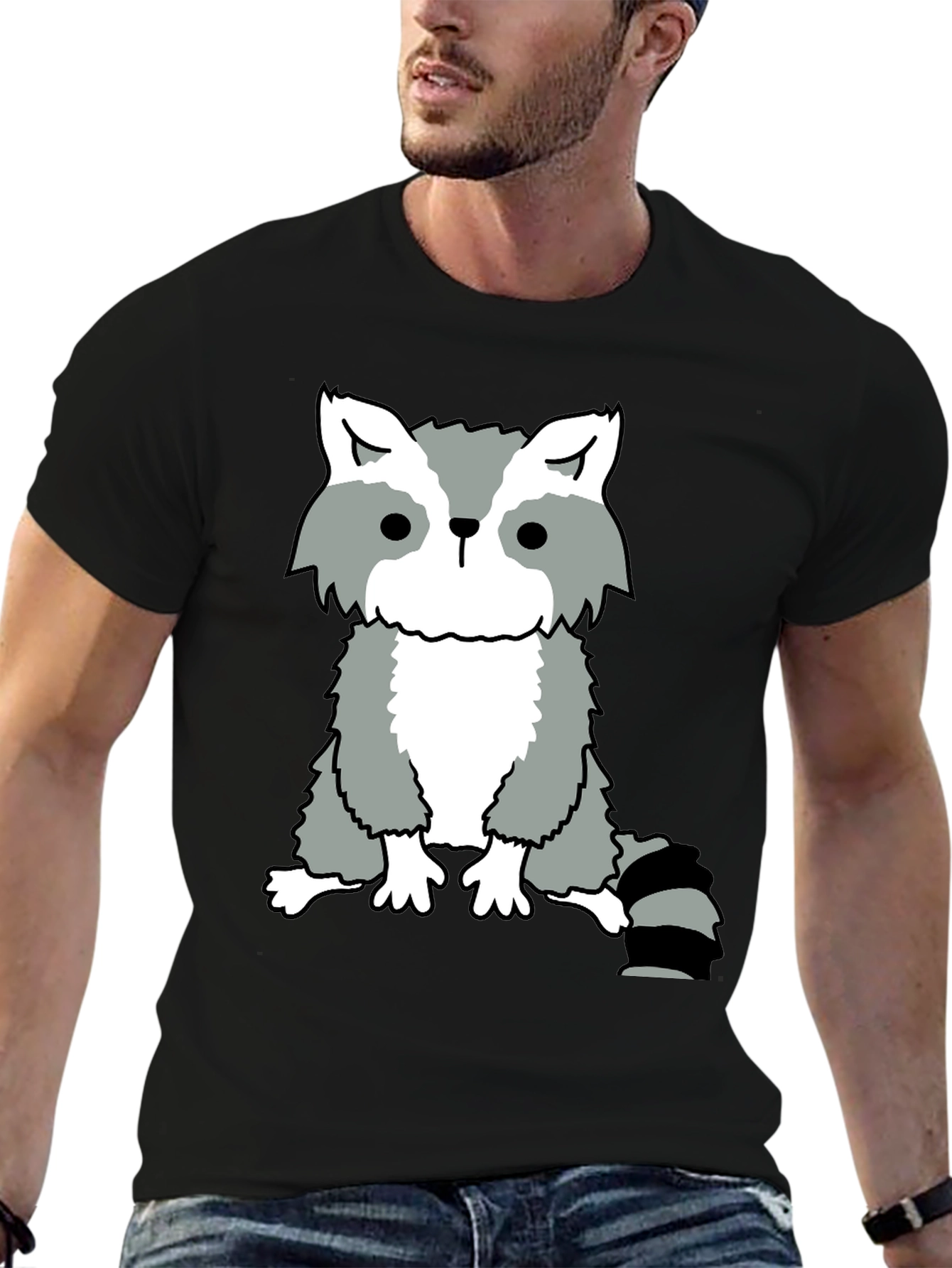 Raccoon Graphic Tee - Casual Black Cotton T-Shirt