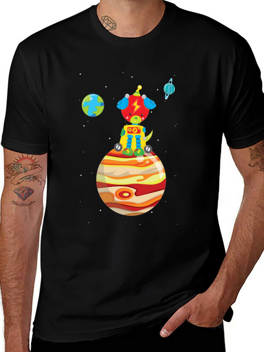 Space Pup T-Shirt - Black Cotton Tee with Planet Design