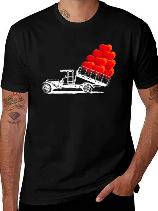 Vintage Truck Hearts Graphic Tee - Black Cotton