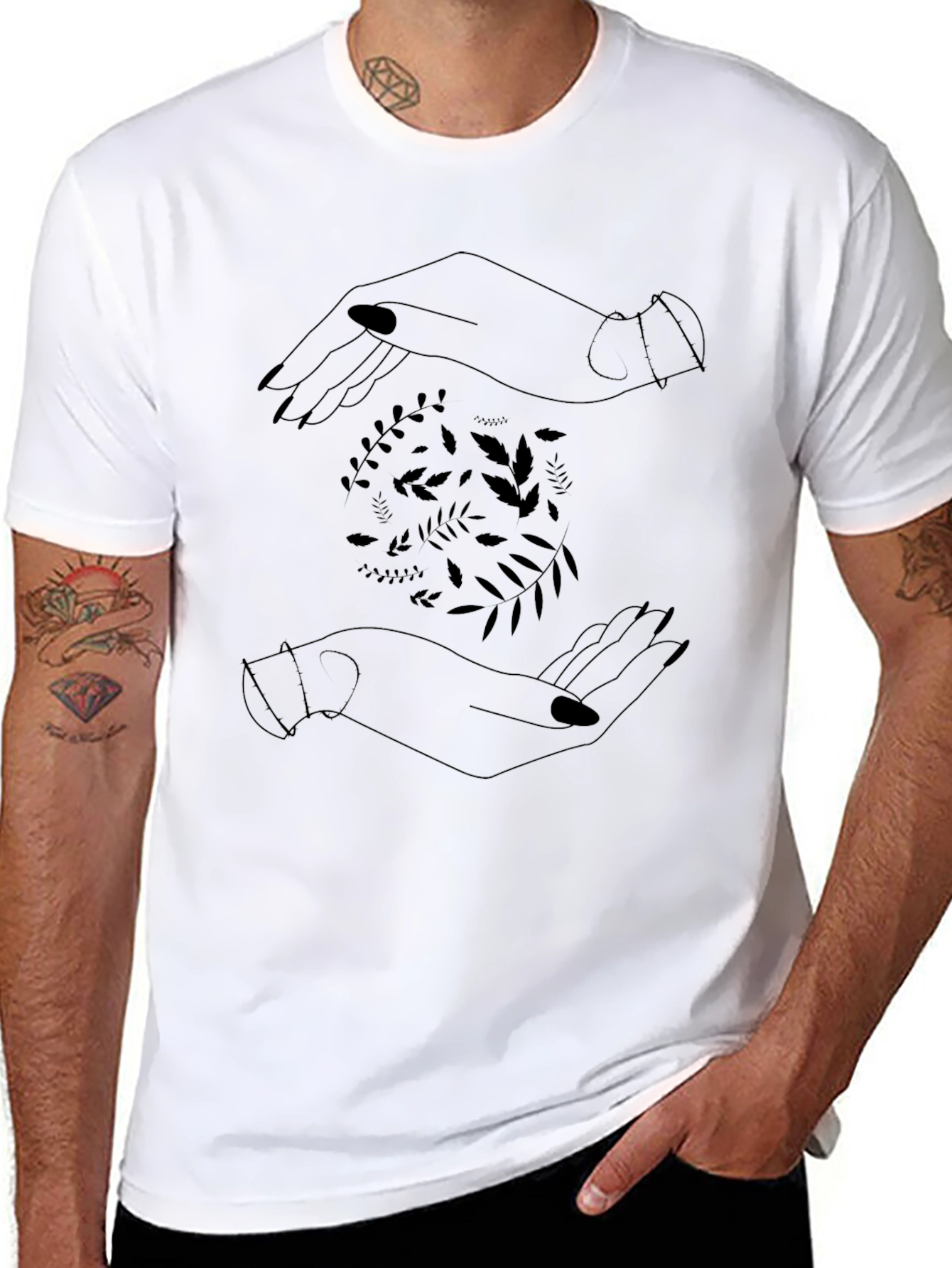 Botanical Hands Graphic Tee - Stylish Black Cotton T-Shirt