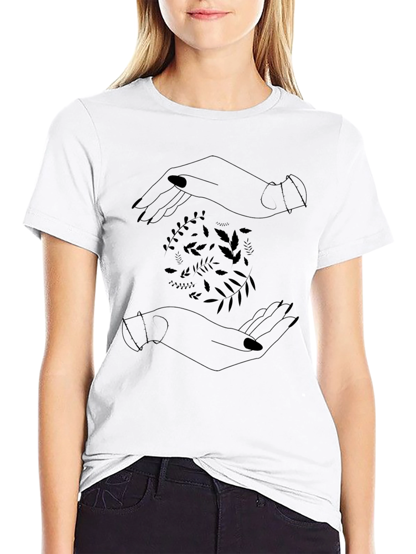 Botanical Hands Graphic Tee - Stylish Black Cotton T-Shirt
