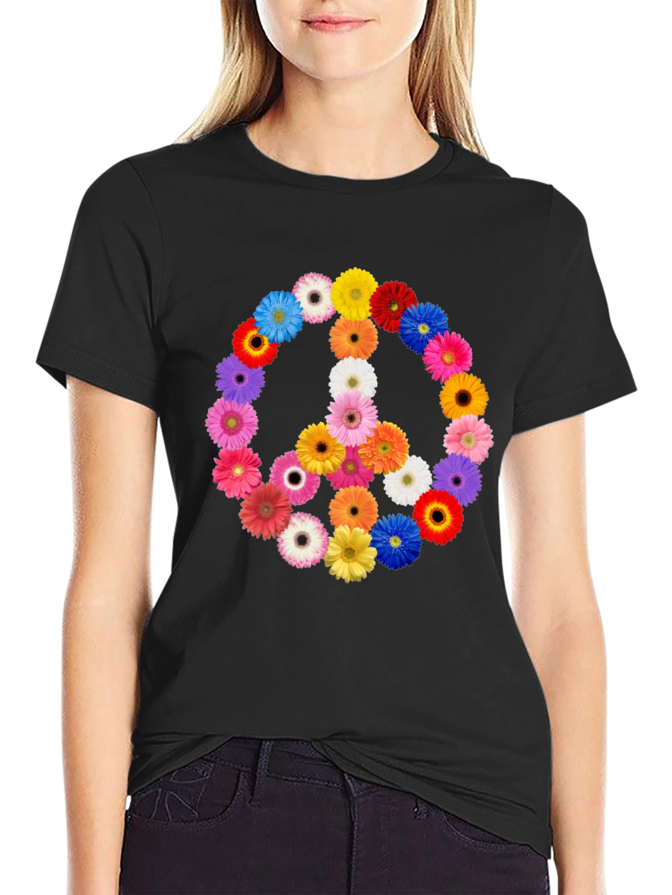 Floral Peace Sign Black T-Shirt
