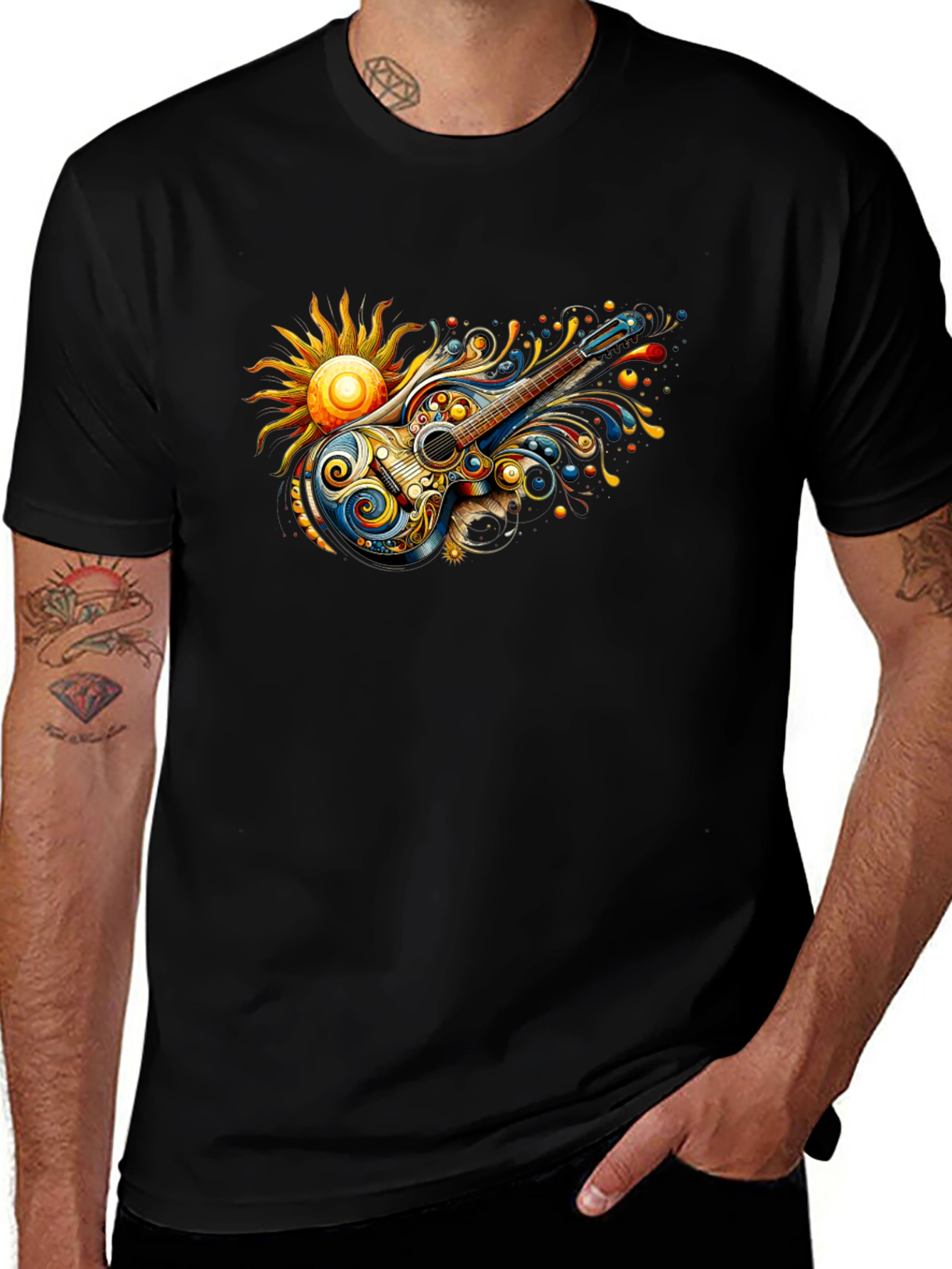 Psychedelic Guitar Sun Graphic Black T-Shirt
