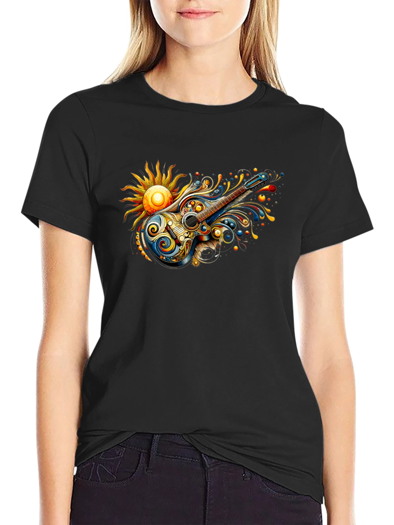Psychedelic Guitar Sun Graphic Black T-Shirt