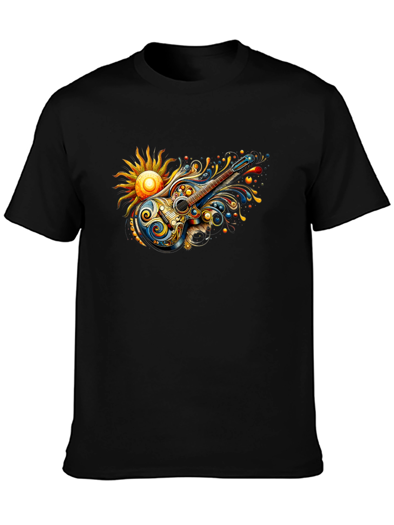 Psychedelic Guitar Sun Graphic Black T-Shirt