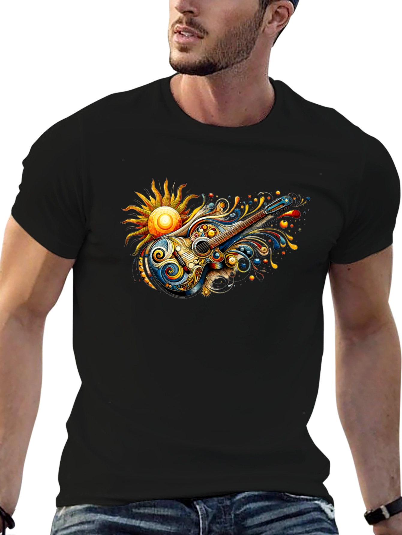 Psychedelic Guitar Sun Graphic Black T-Shirt