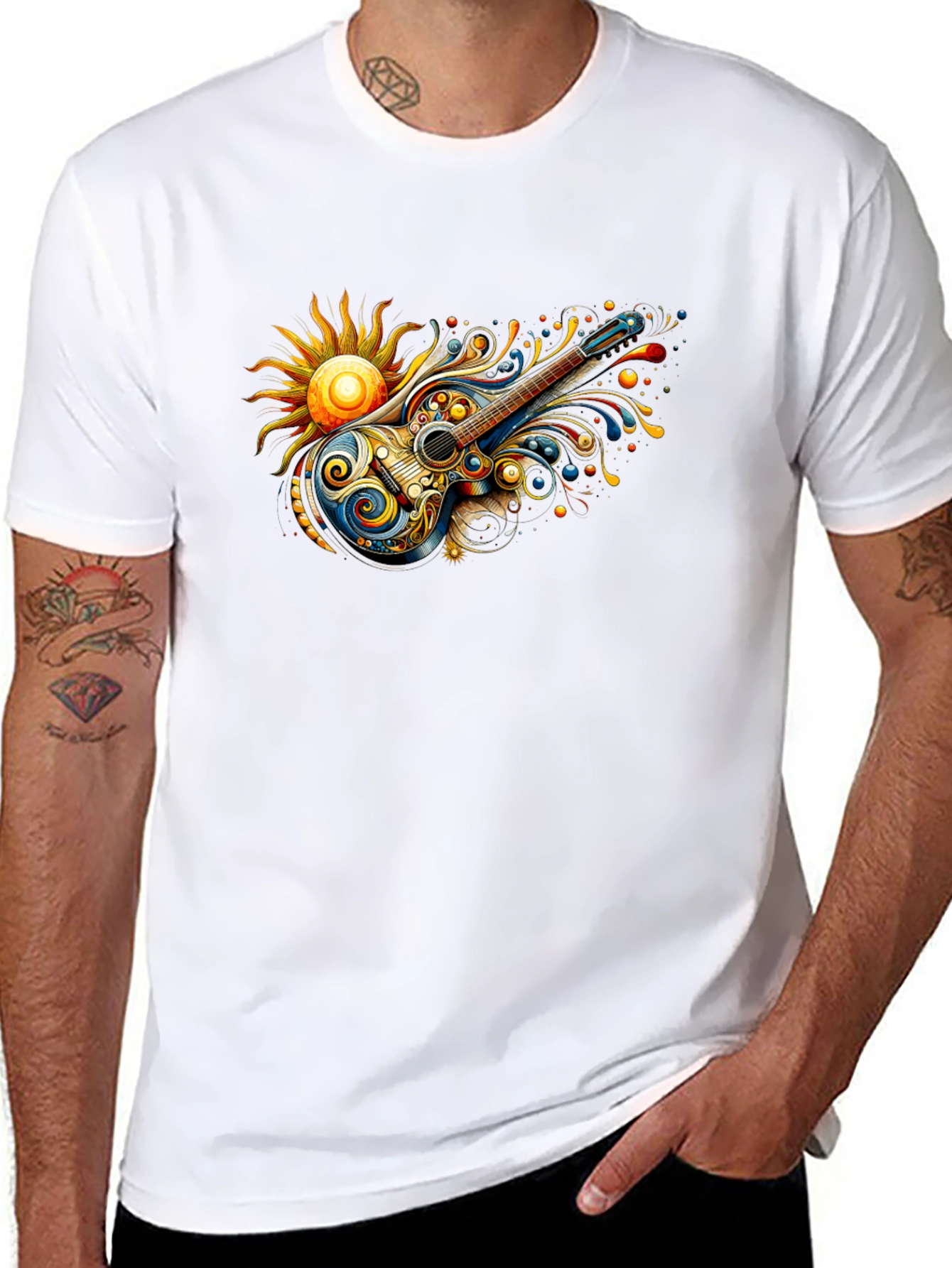 Psychedelic Guitar Sun Graphic Black T-Shirt